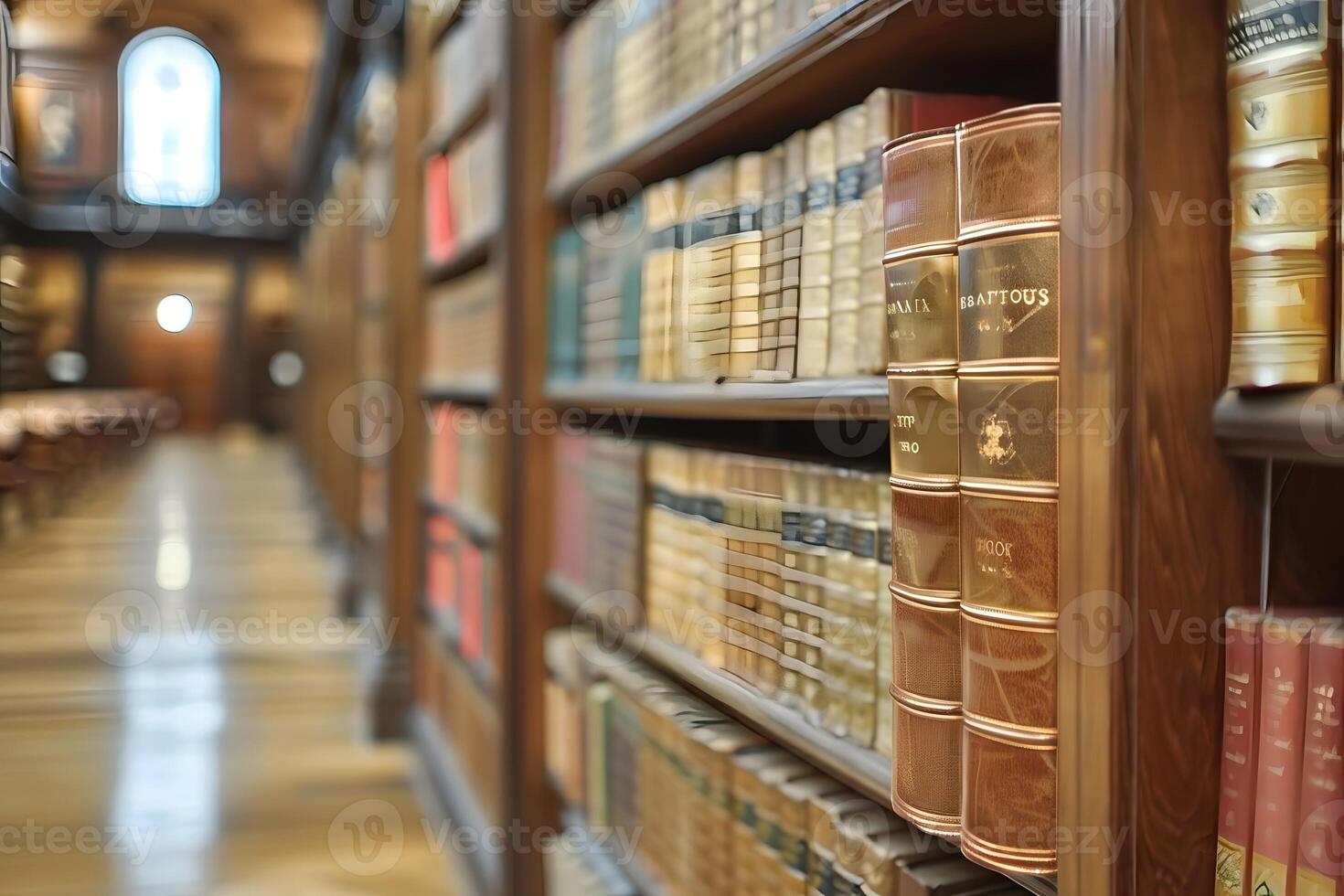 Books arranged on shelf in library photo