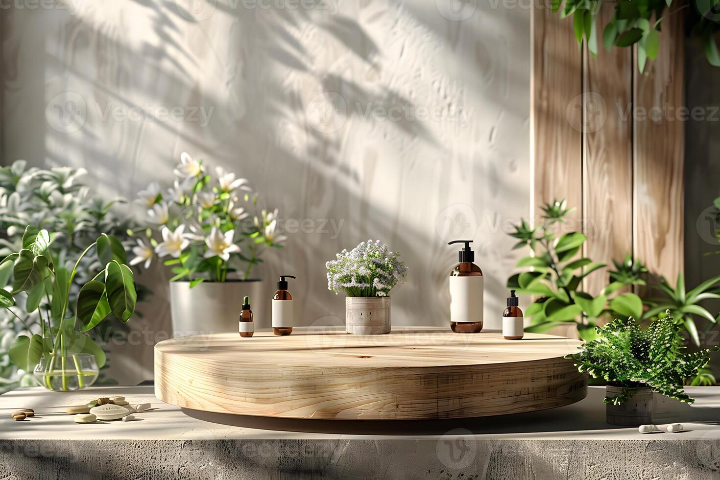 Several bottles of essential oils on a wooden tray photo