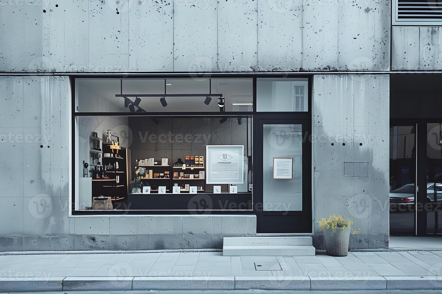 A store front with a window and a plant in the window photo