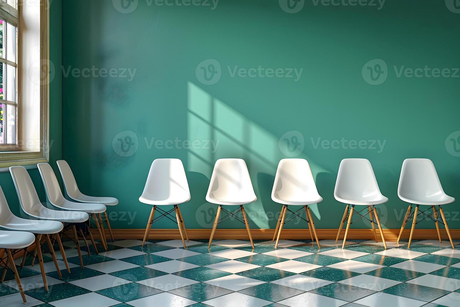 Many chairs in a row inside a room photo