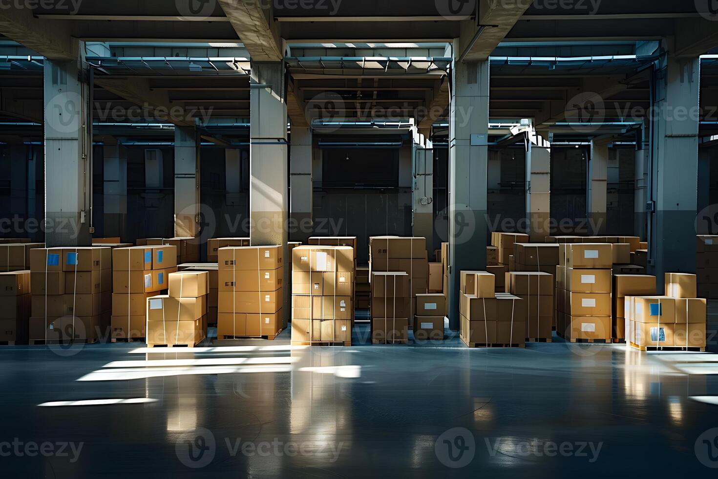Boxes stacked on pallets in a warehouse with many windows photo