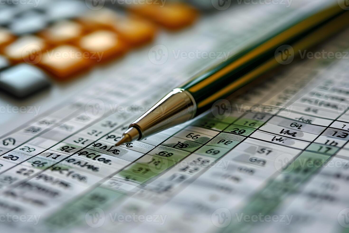 A close up of a pen and a calculator on a spreads photo