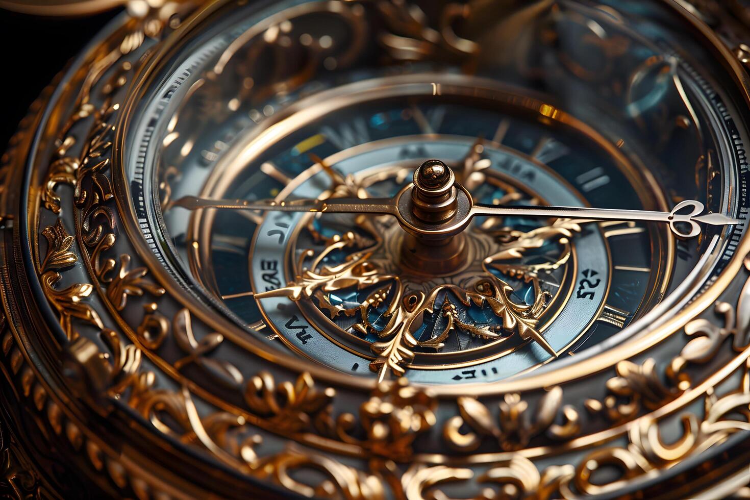 A close up of a gold clock with a blue face photo