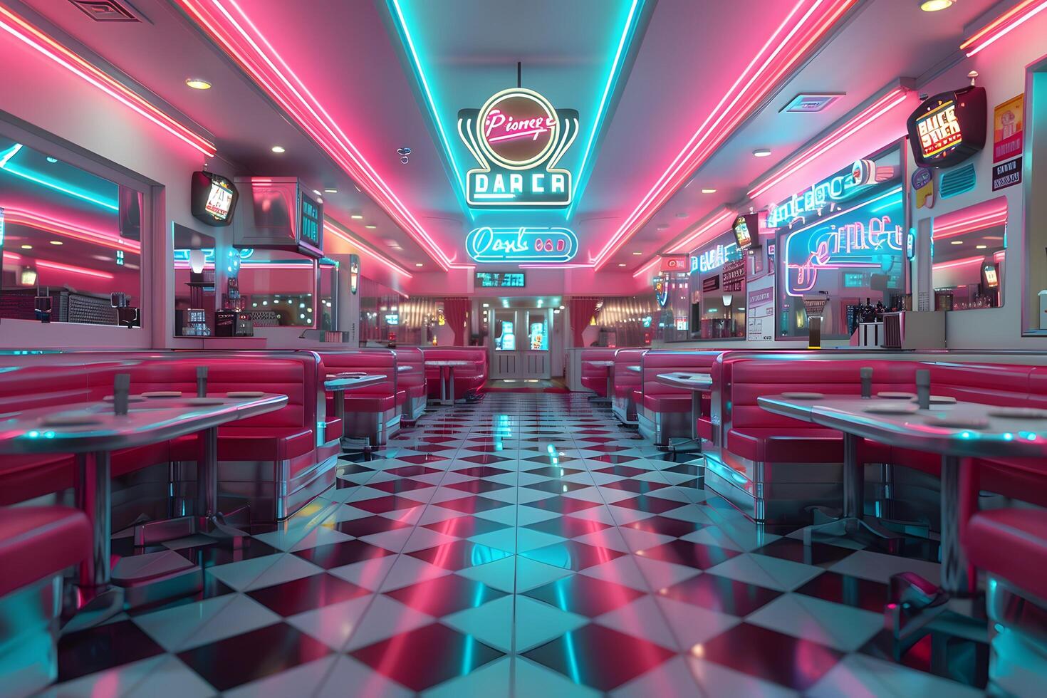 A close up of a diner with neon lights and checkered floor photo