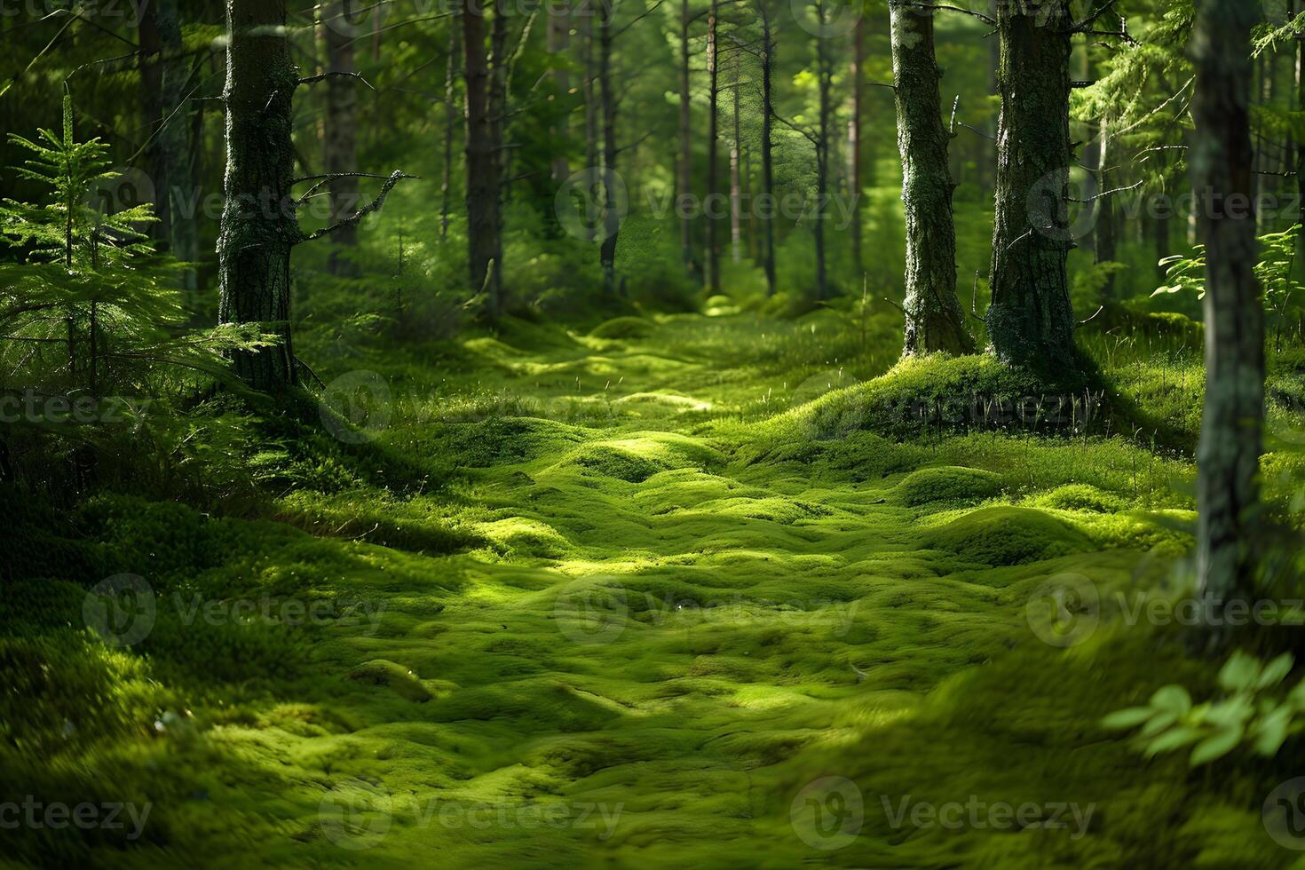 A mossy woodland with trees and foliage photo