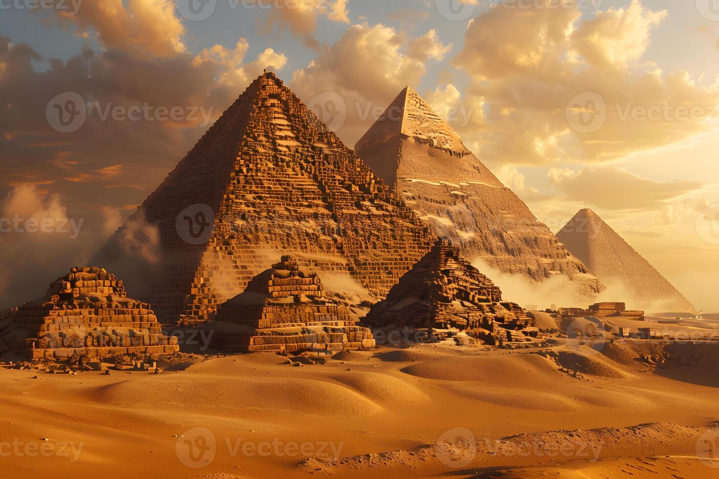 Giraffes in the desert with a few pyramids in the background photo