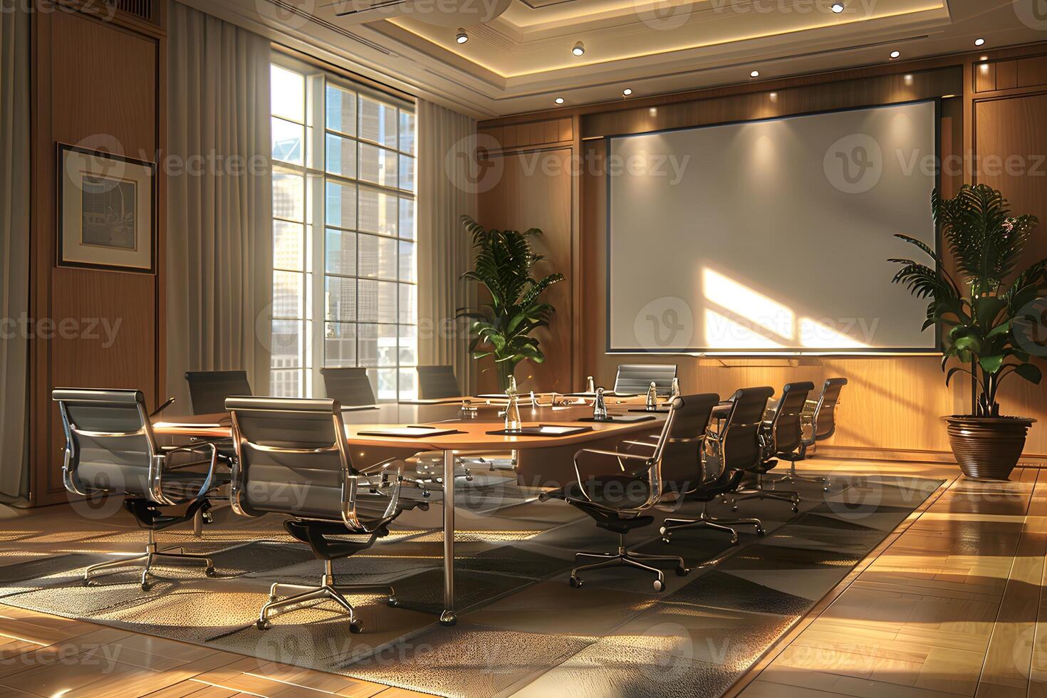 A conference room with a large screen and chairs photo