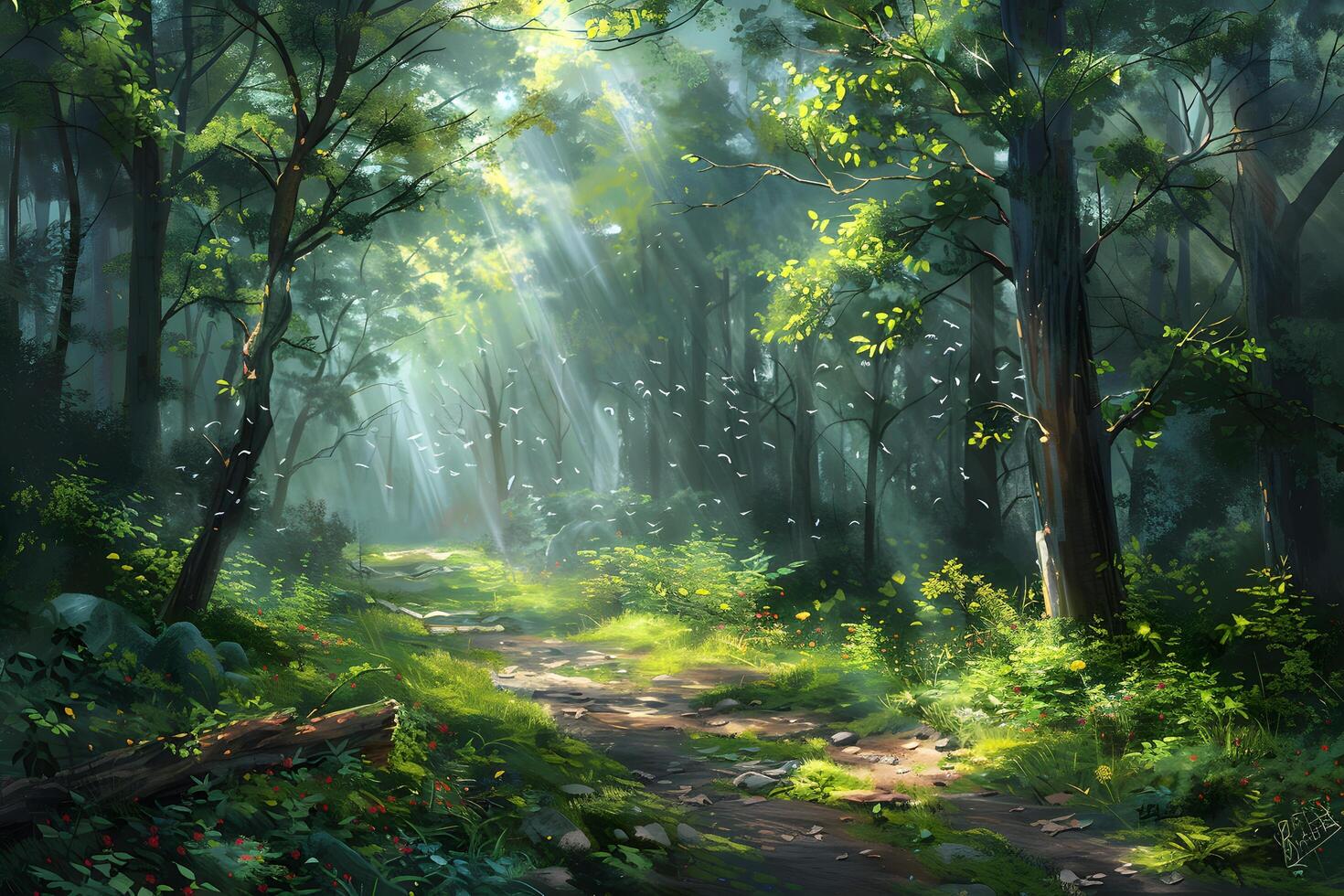 A path through the woods with sunlight filtering through the trees photo