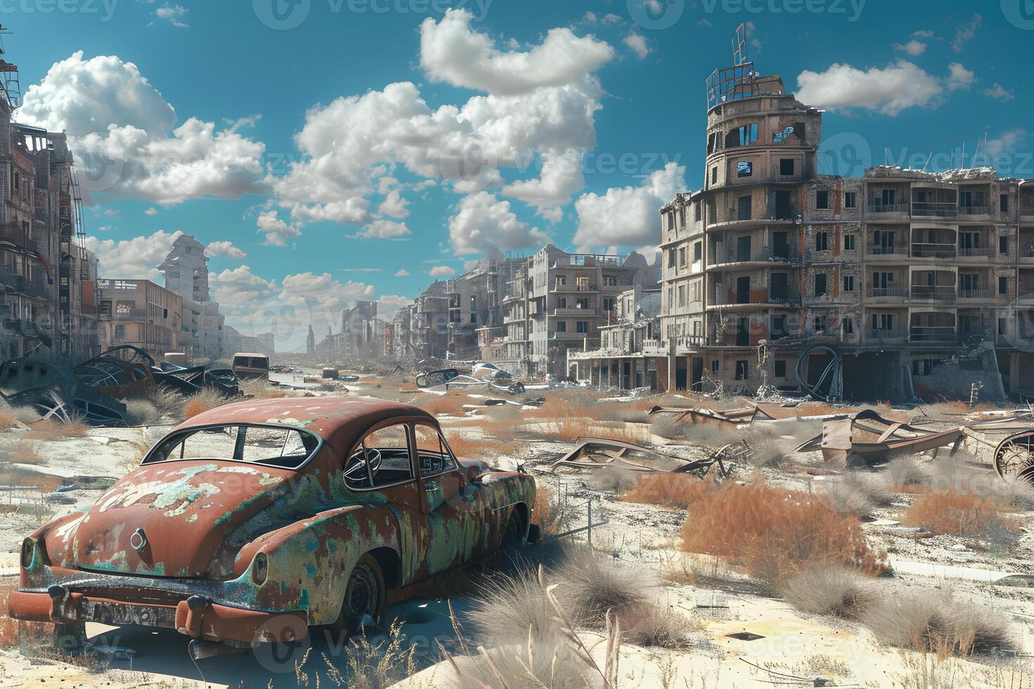 Car driving through empty urban landscape with sky photo