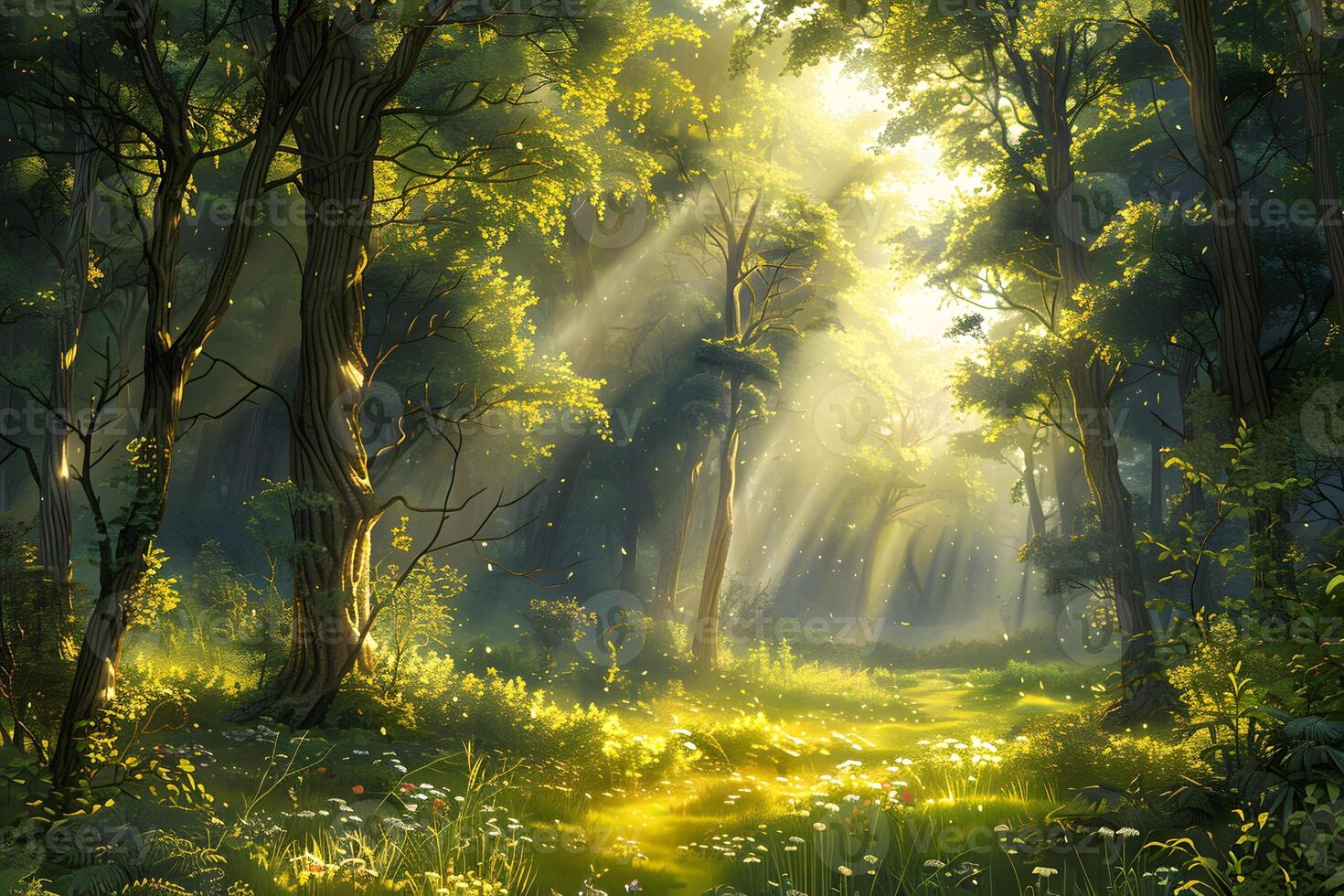 Sunlight filtering through tall trees in a woodland with greenery and wildflowers photo