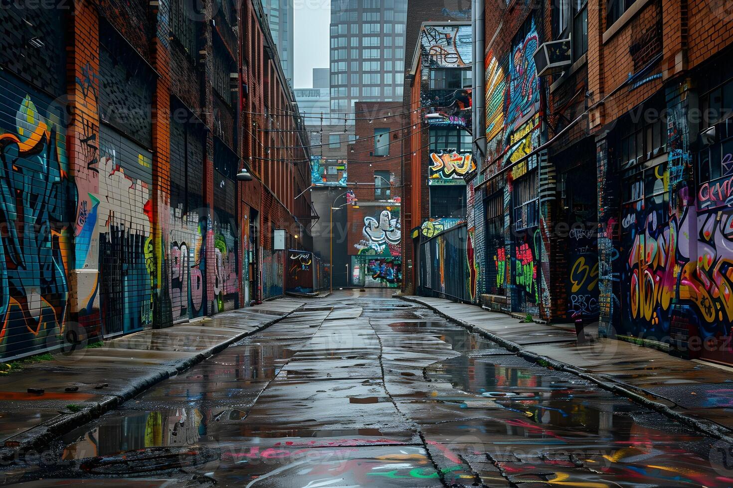 A view of a wet street with graffiti on the walls photo