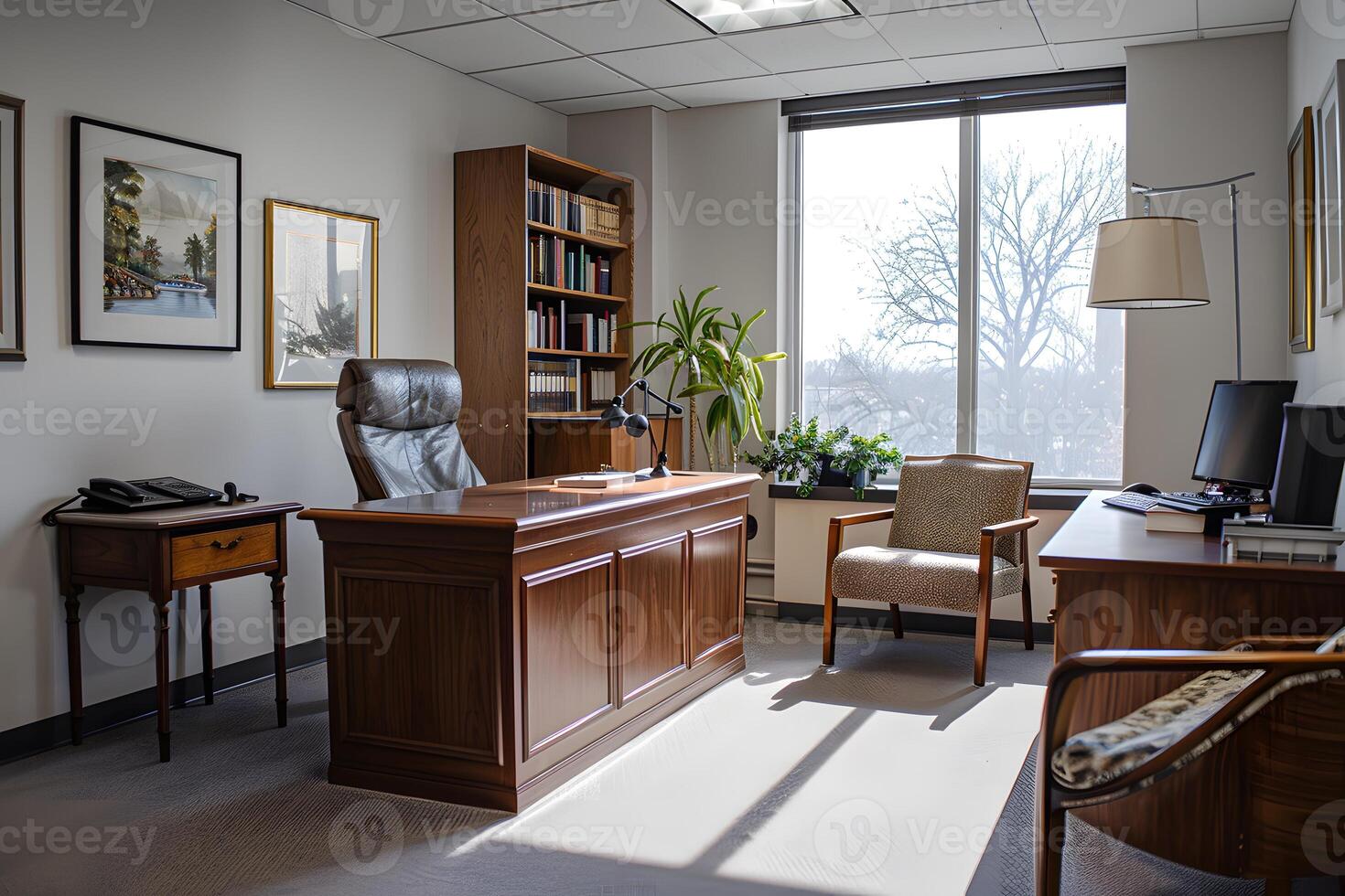 A desk and chair with a computer in the room photo