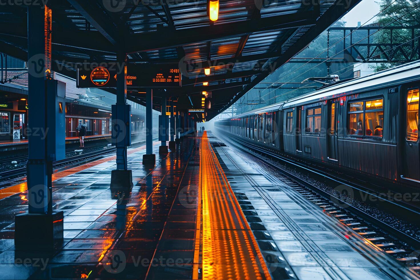 A close up of a train on a train track at a train station photo