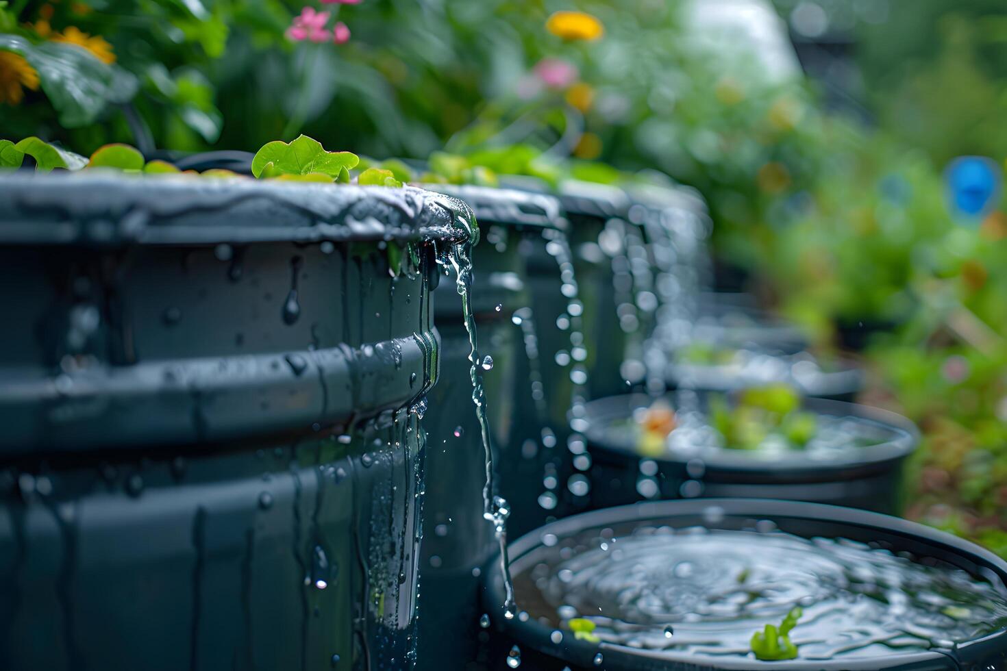 Many black barrels with water running down them photo