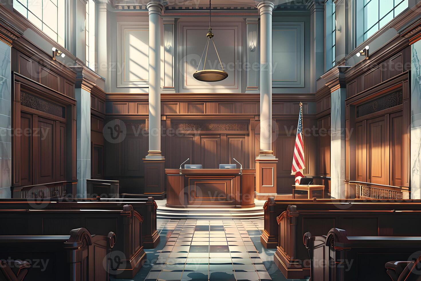 A courtroom with a flag and a clock on the wall photo