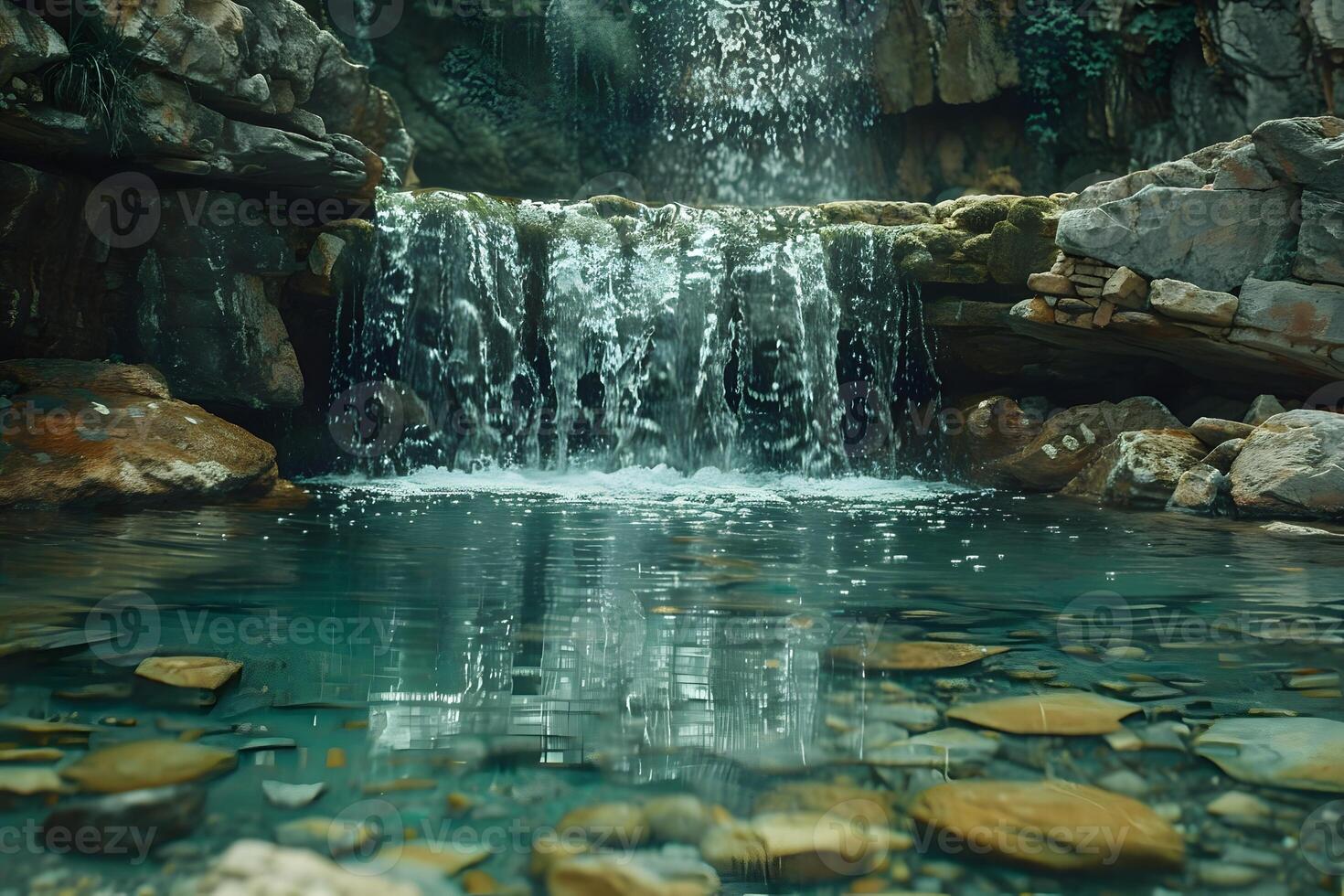A waterfall cascading over rocks in the river photo
