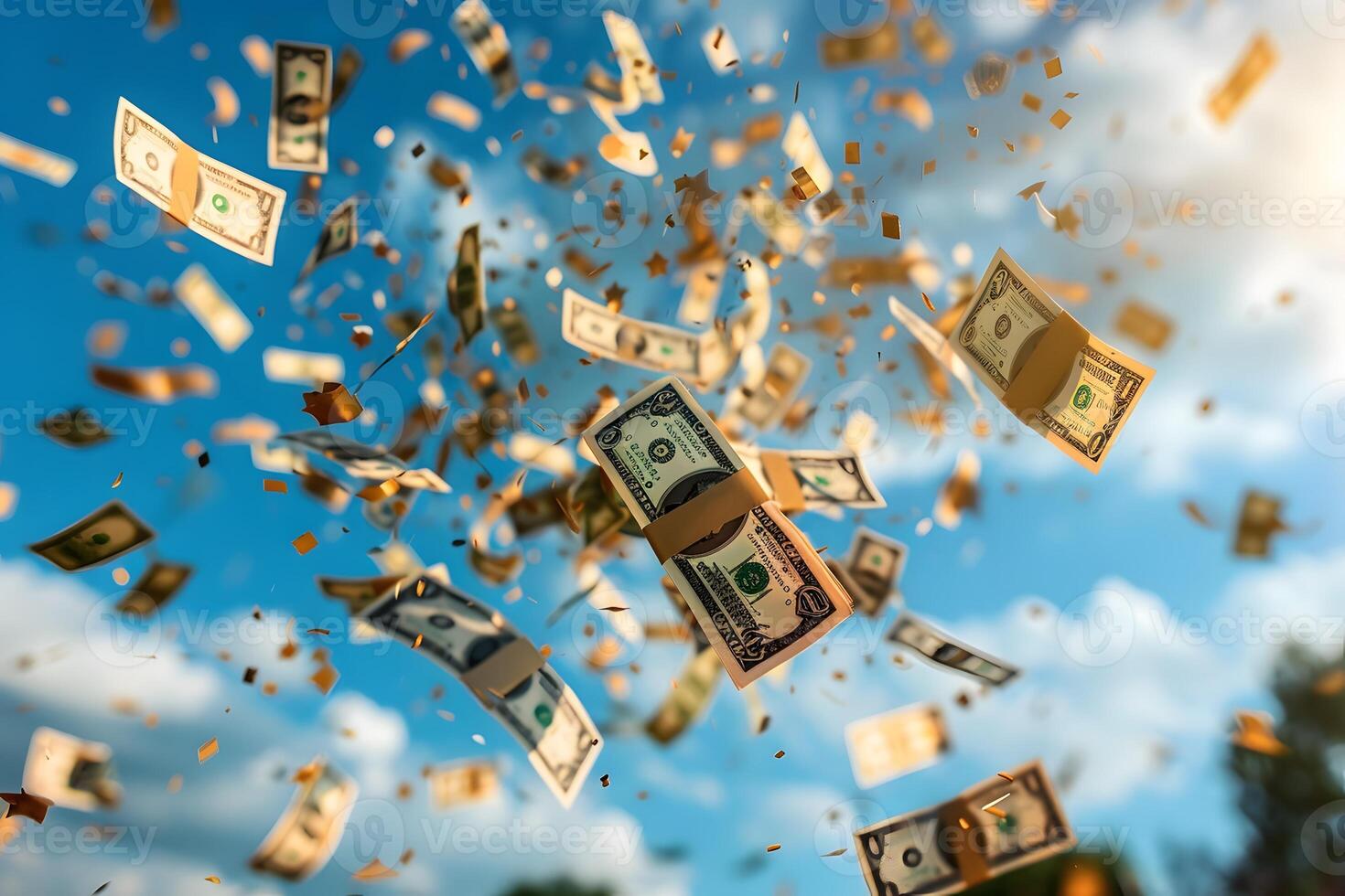 A close up of money bills soaring through the air photo