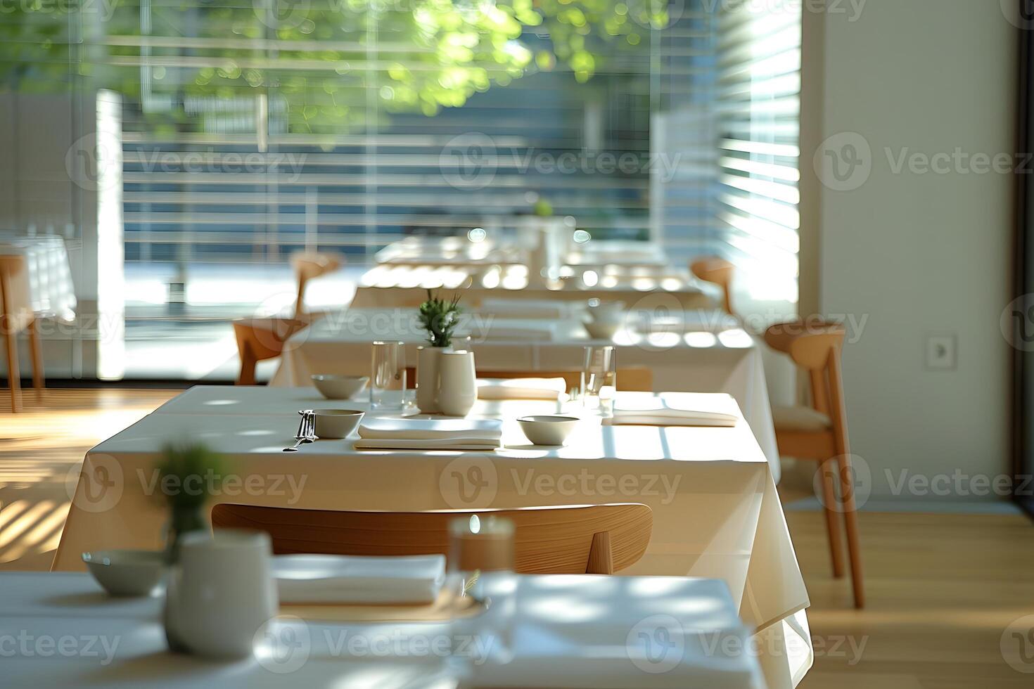 Tables and chairs in a restaurant overlooking the outdoors photo