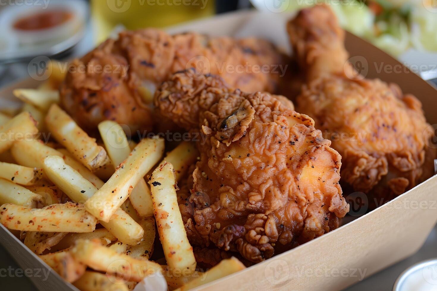 A box of fried chicken and french fries on a table photo