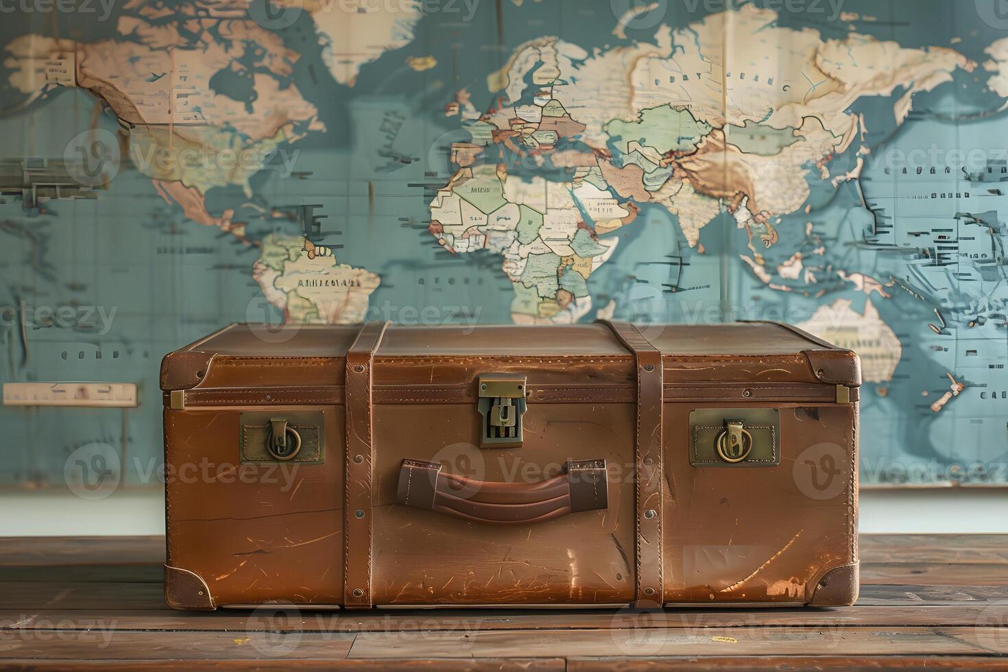 A brown suitcase on a table with a map in the background photo