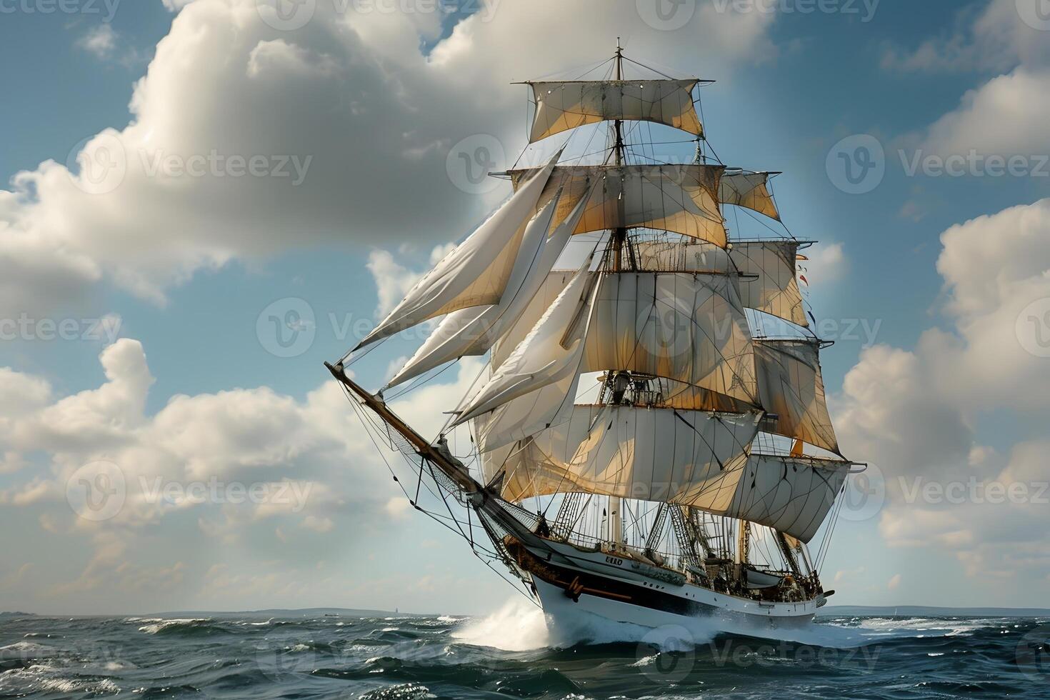 Sailboat on the sea with white sails under clear sky photo