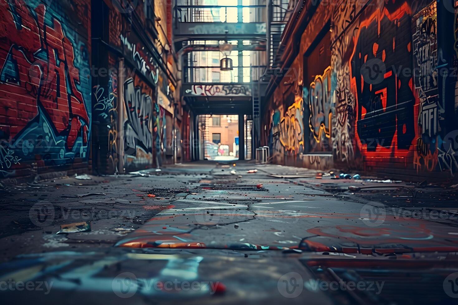 A long alley with graffiti on the walls and a door photo
