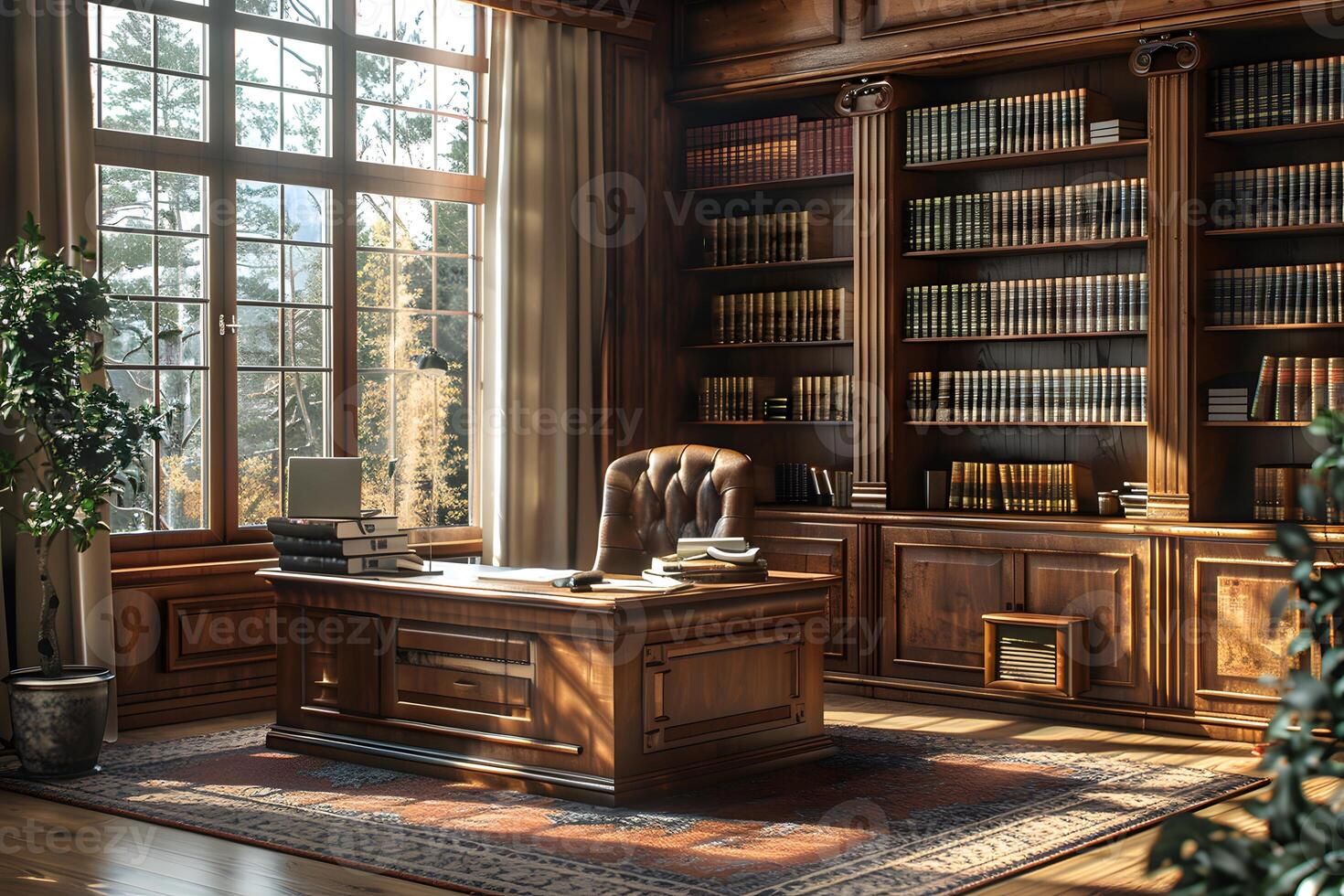 Large desk in spacious room filled with many books photo
