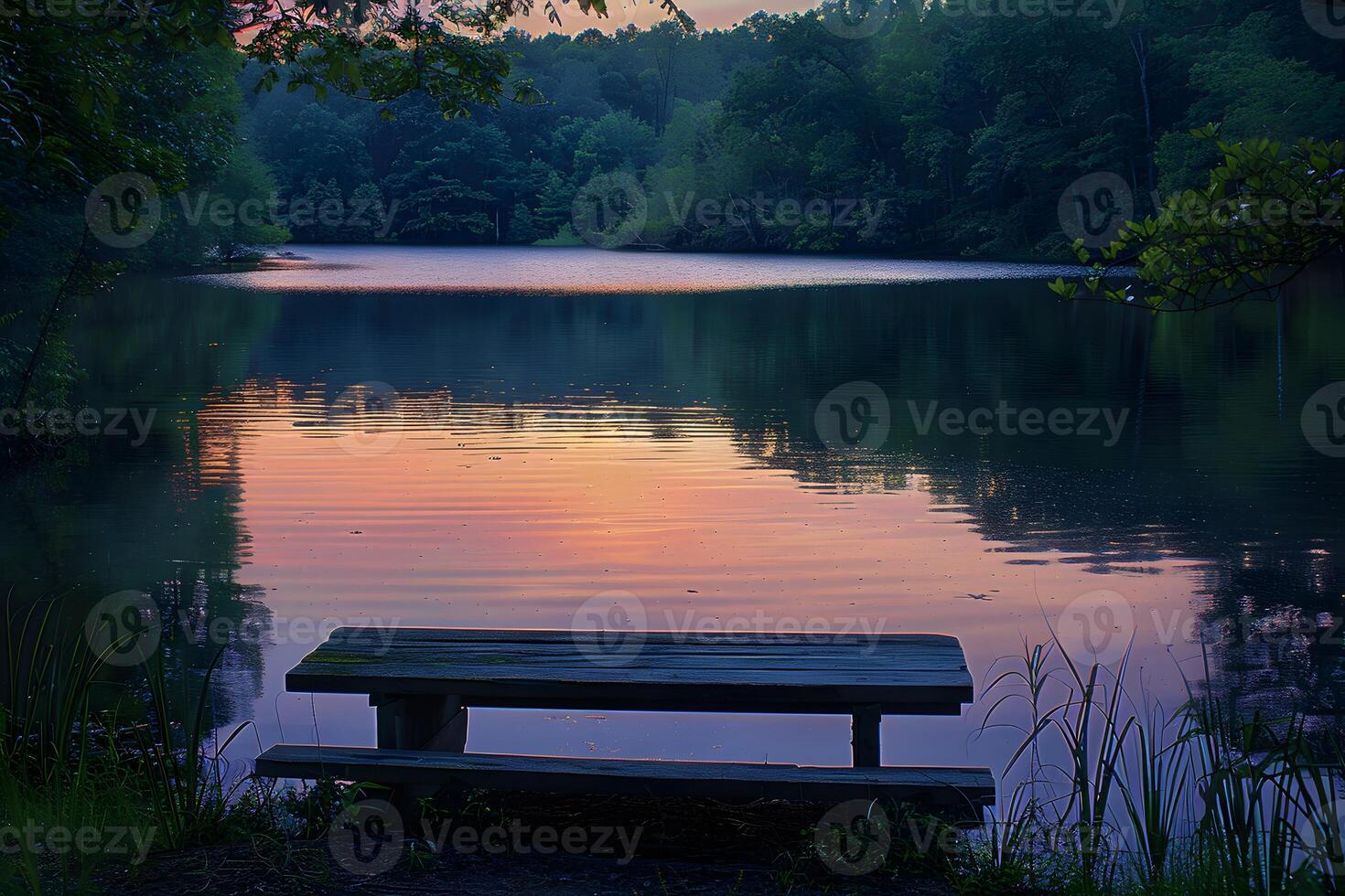 A bench on the lake shore photo