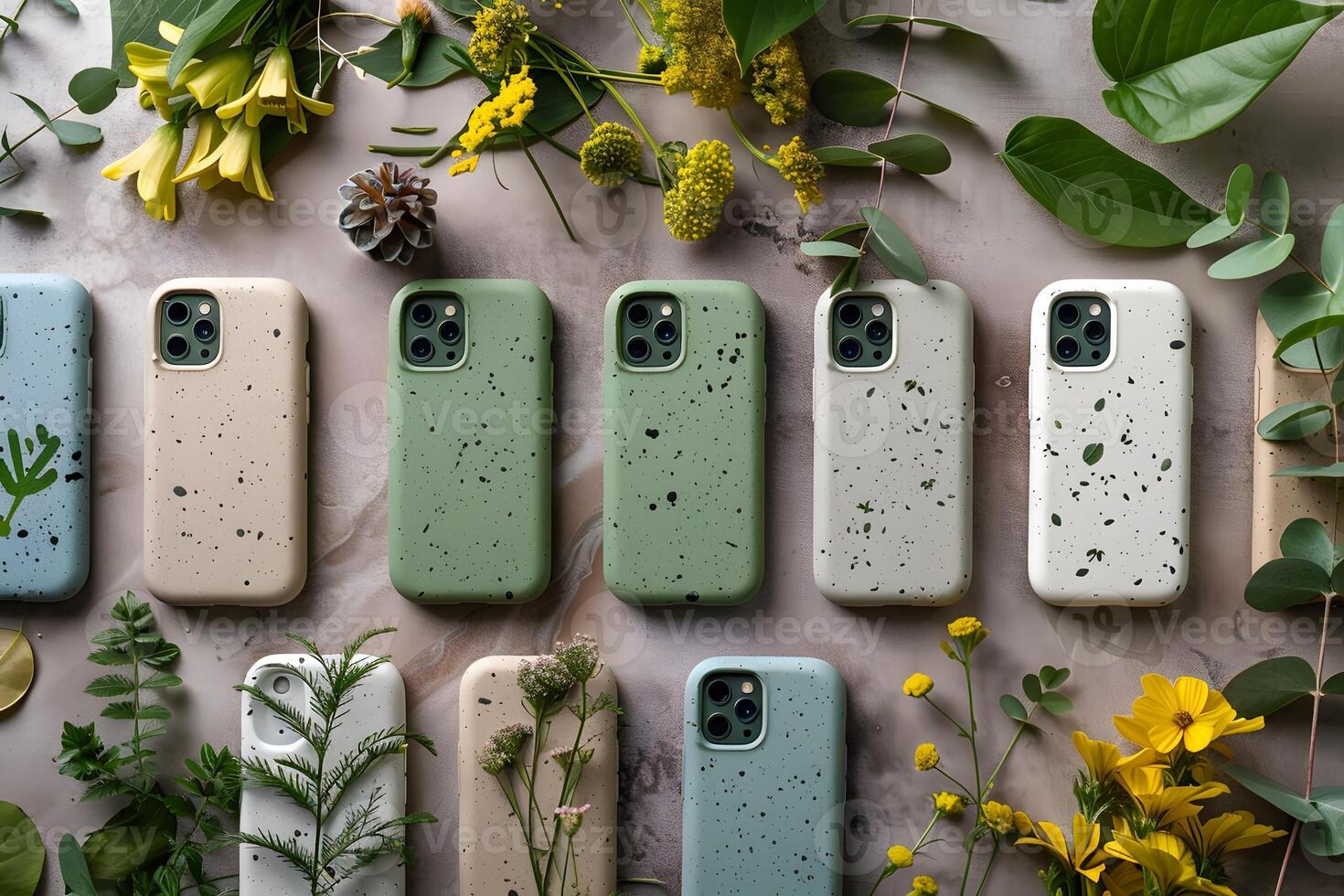 Close up of assorted cases with colorful flowers photo