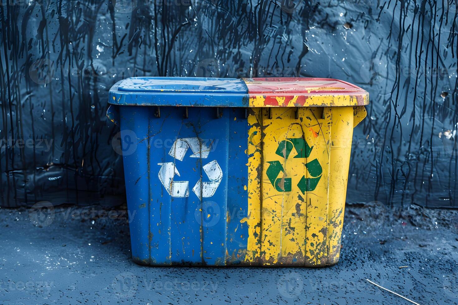 Blue and yellow recycling bin with recycle logo photo
