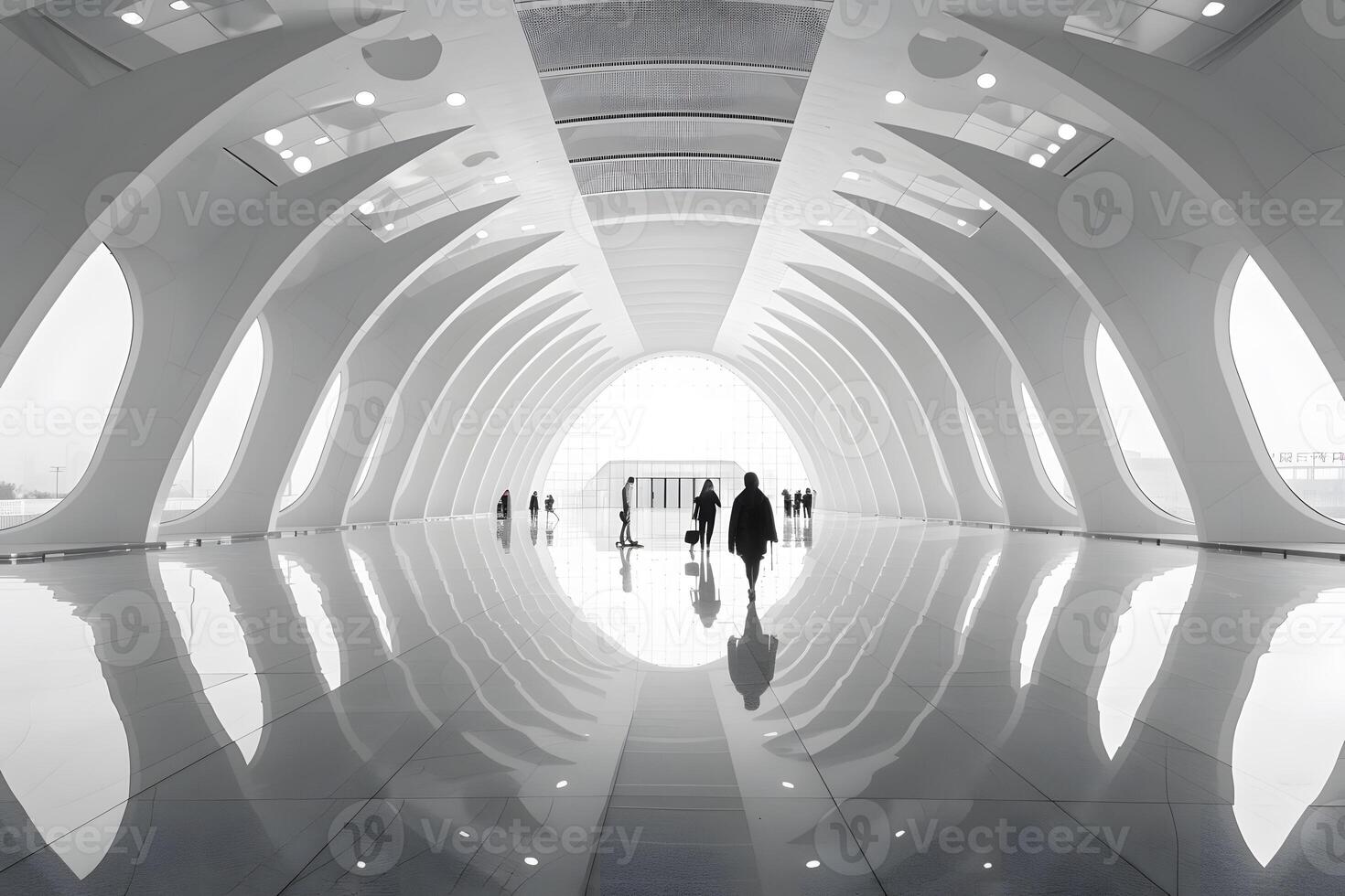 Person walking in tunnel with reflection photo