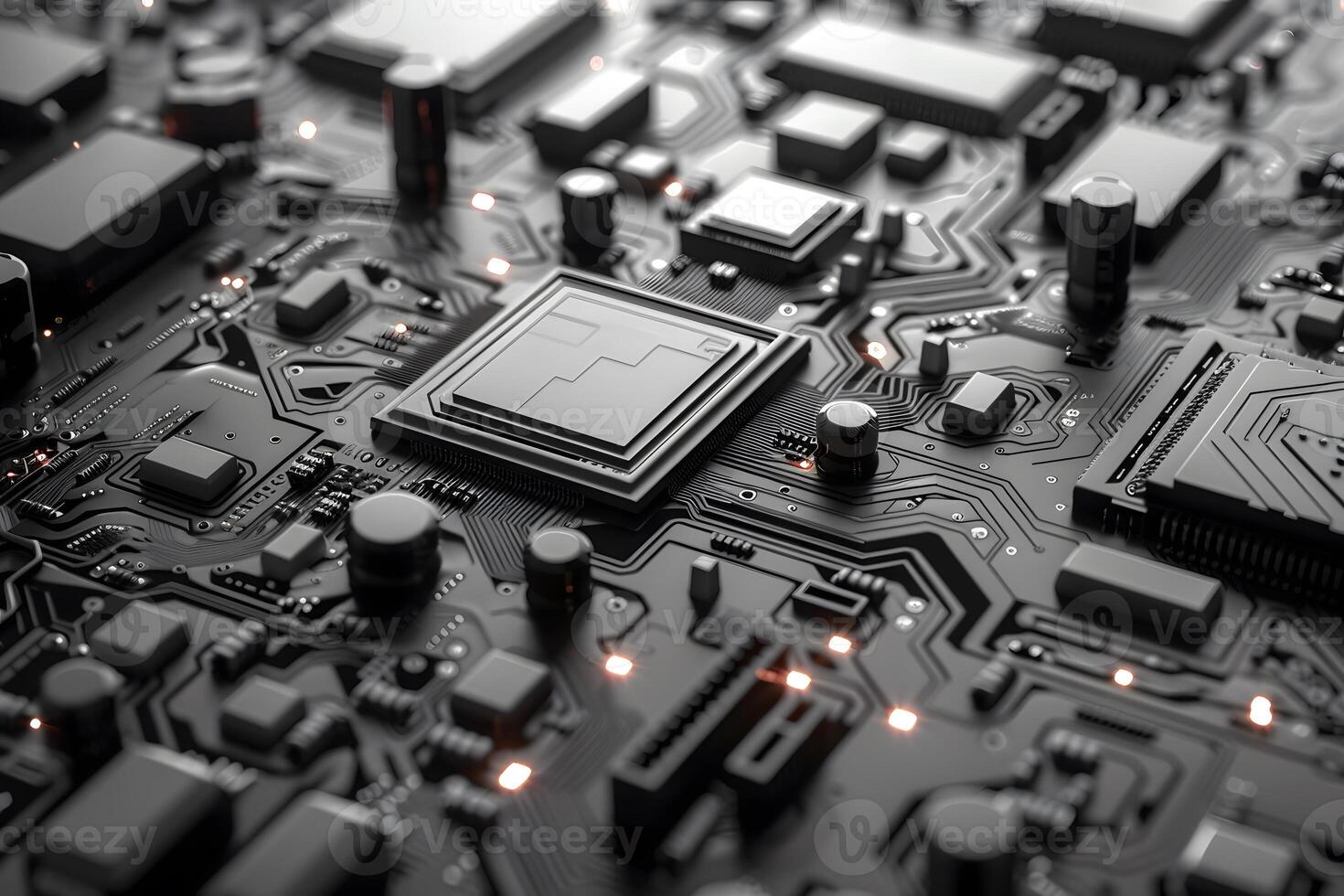 Close up of computer motherboard with various electronic components photo