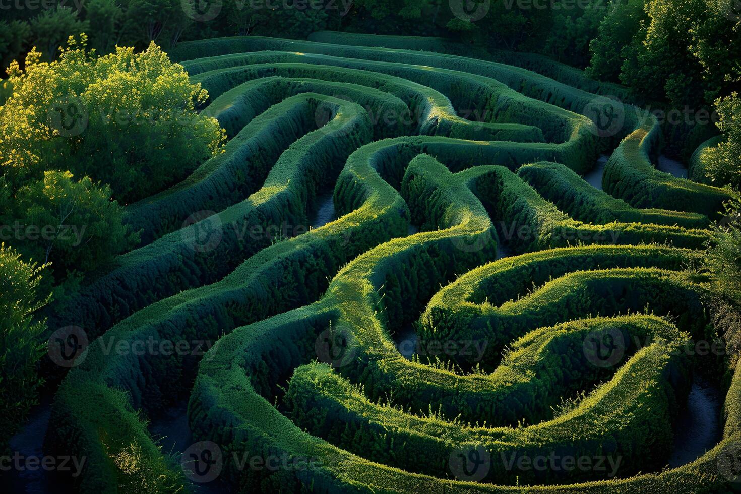 Maze of green plants in a park with trees photo