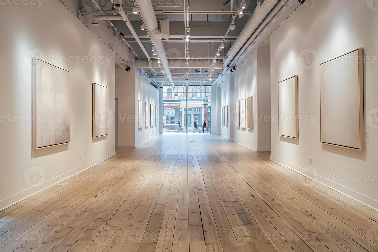 A long hallway adorned with artwork on wooden walls photo