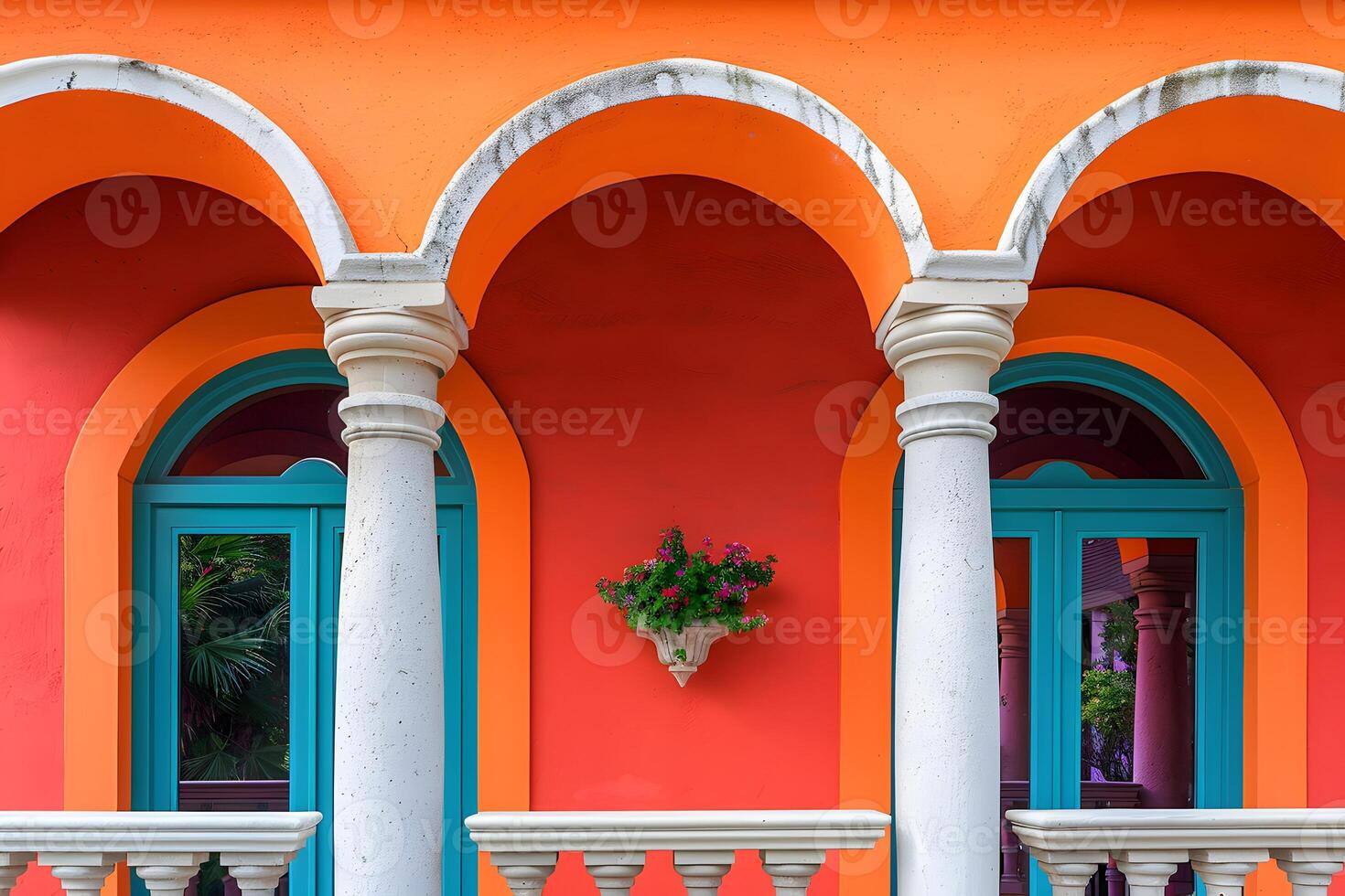 Colorful building featuring columns, balcony, and plant photo