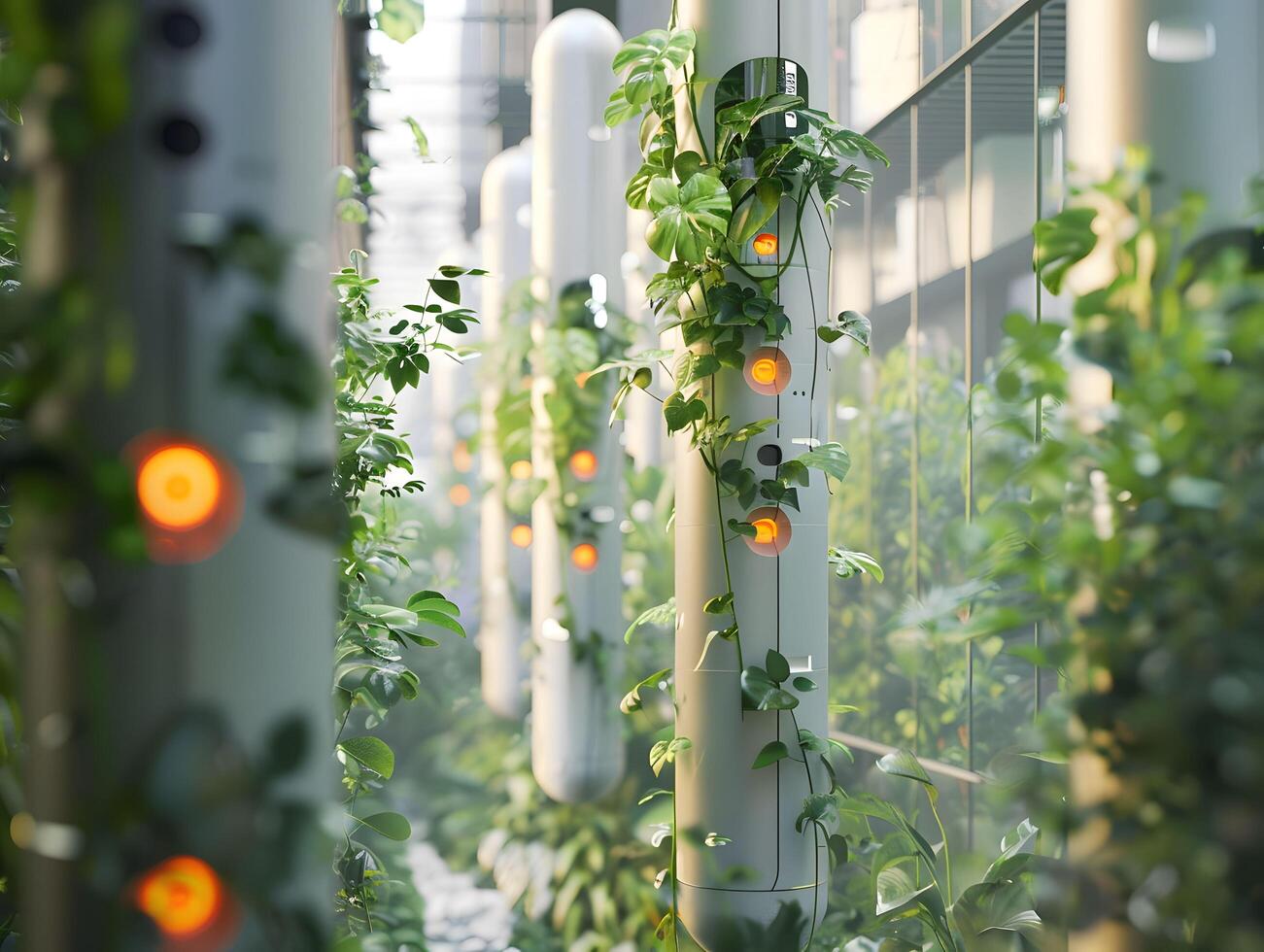 Many plants growing on poles inside a building photo