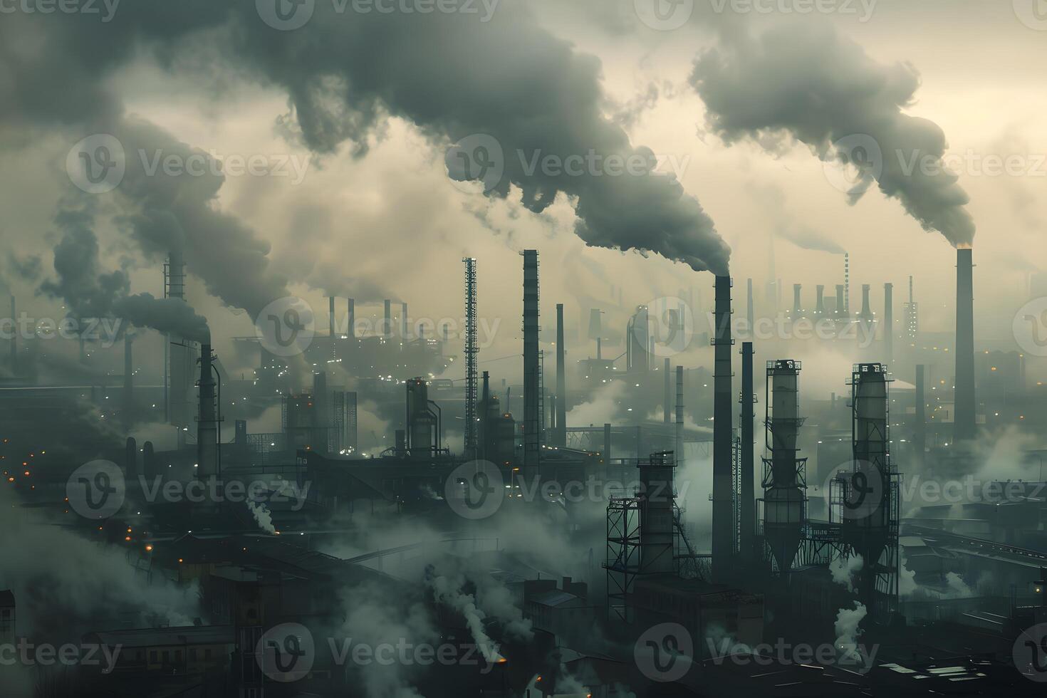 Smoke billowing from factory chimney in a city skyline photo