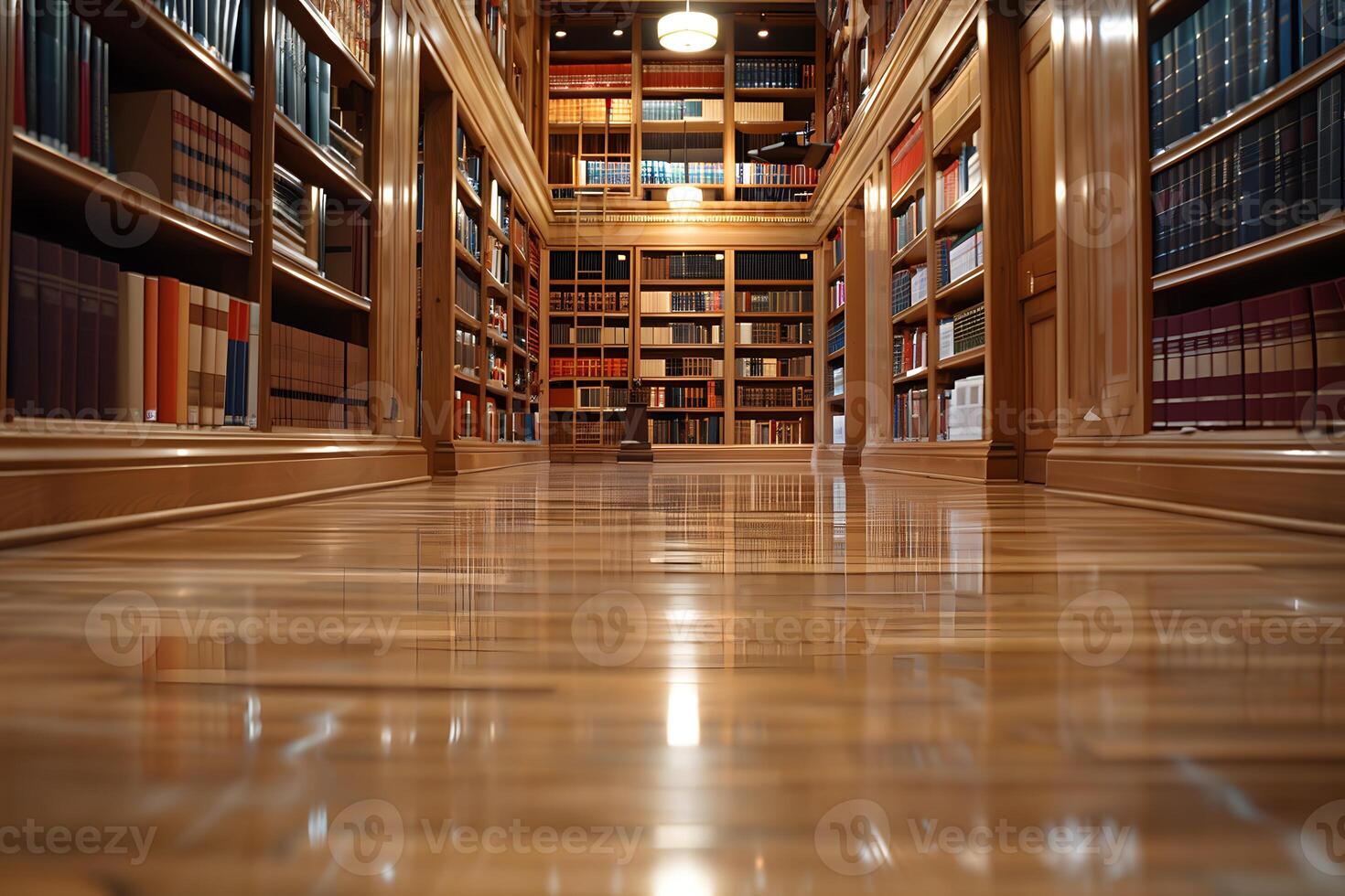 A long hallway filled with numerous books on shelves photo