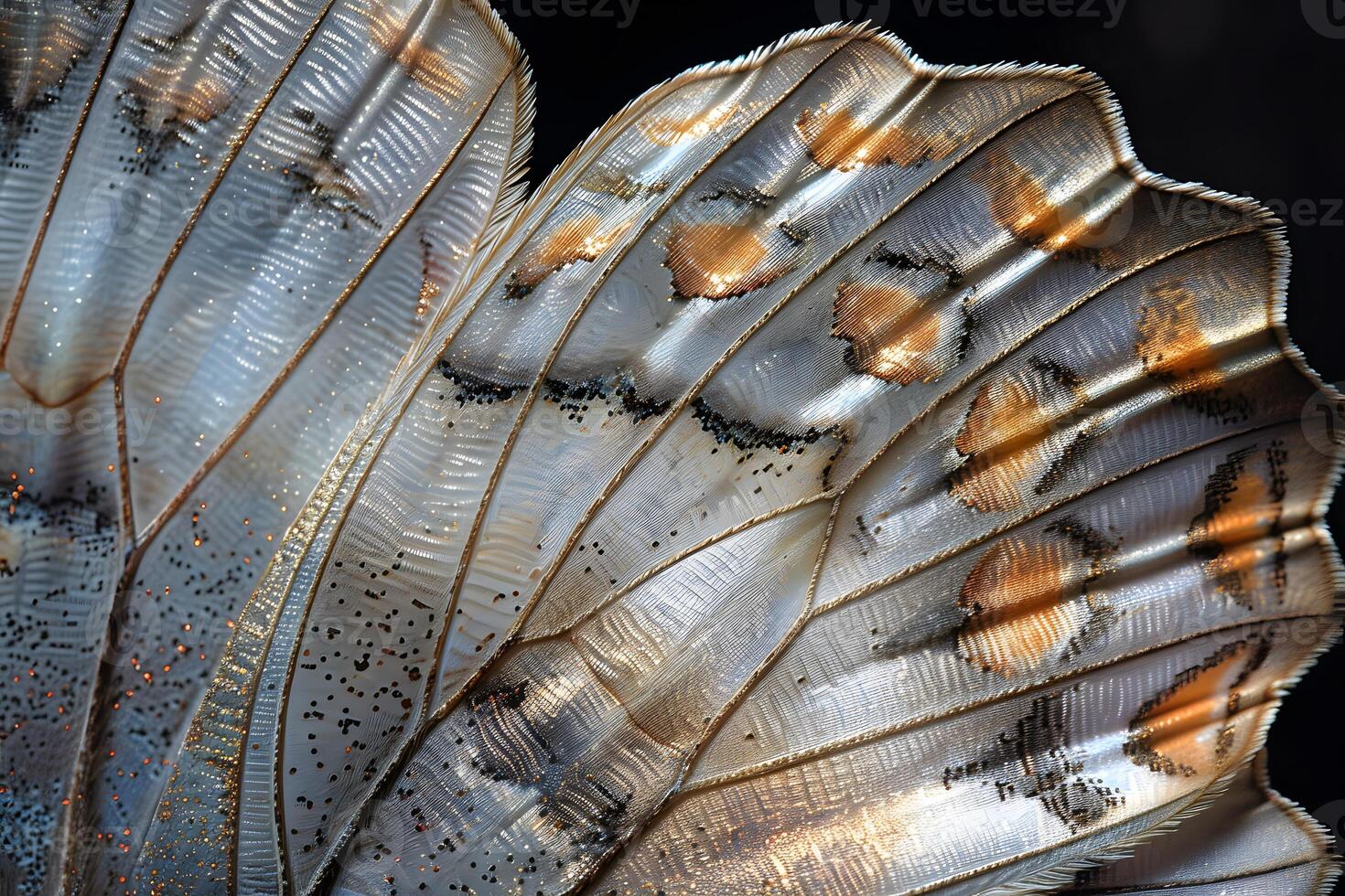 A close up of a wing of a butterfly with a black background photo