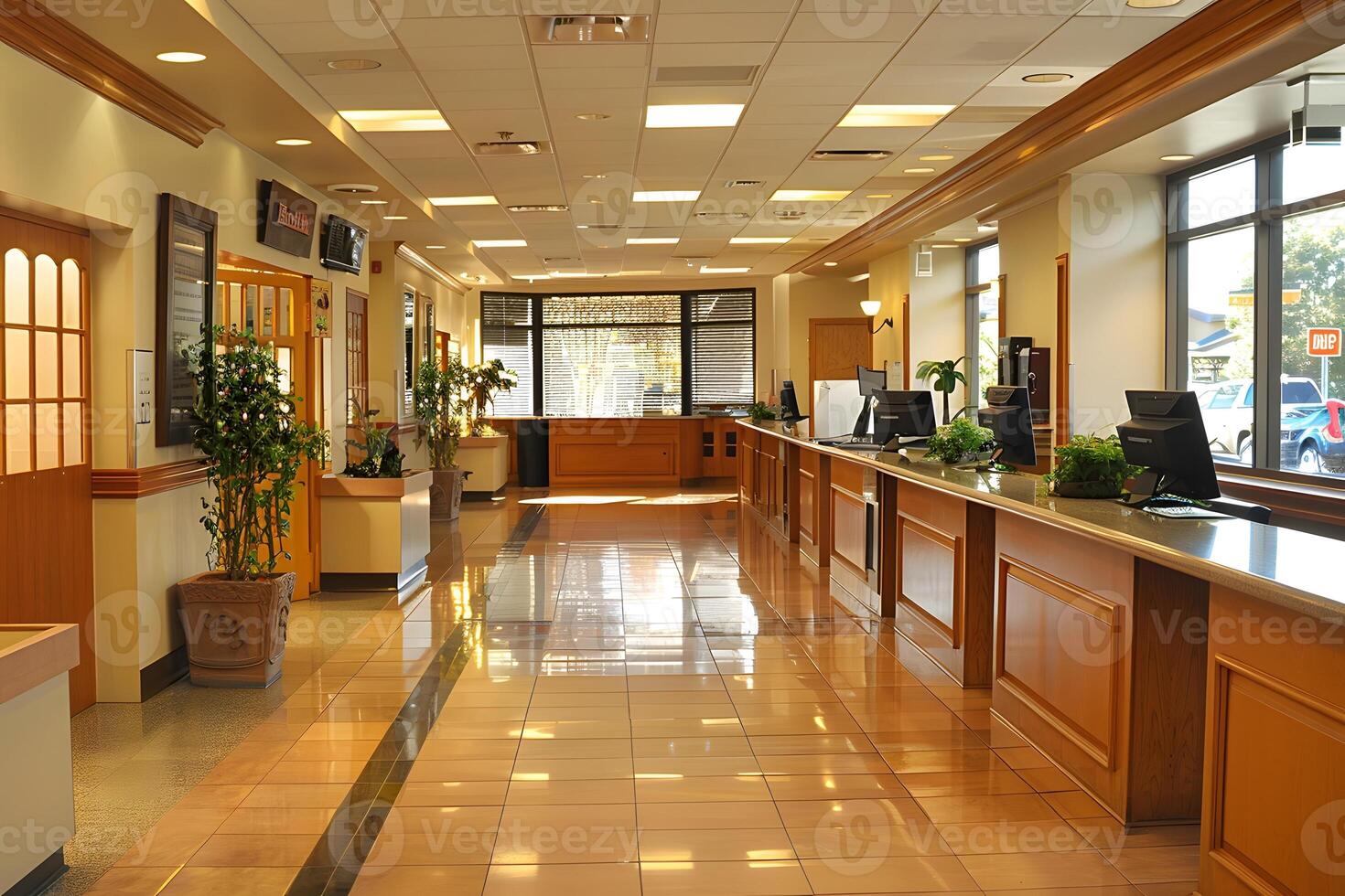 A large lobby with a long counter and a plant photo