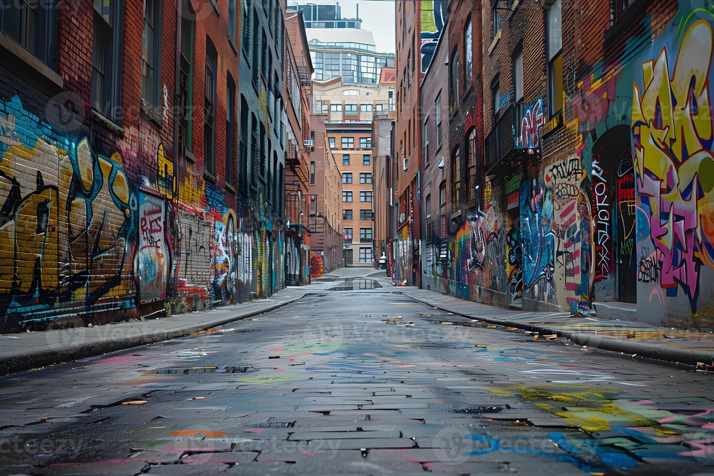 Graffiti-covered alley with fire hydrant and brick buildings photo