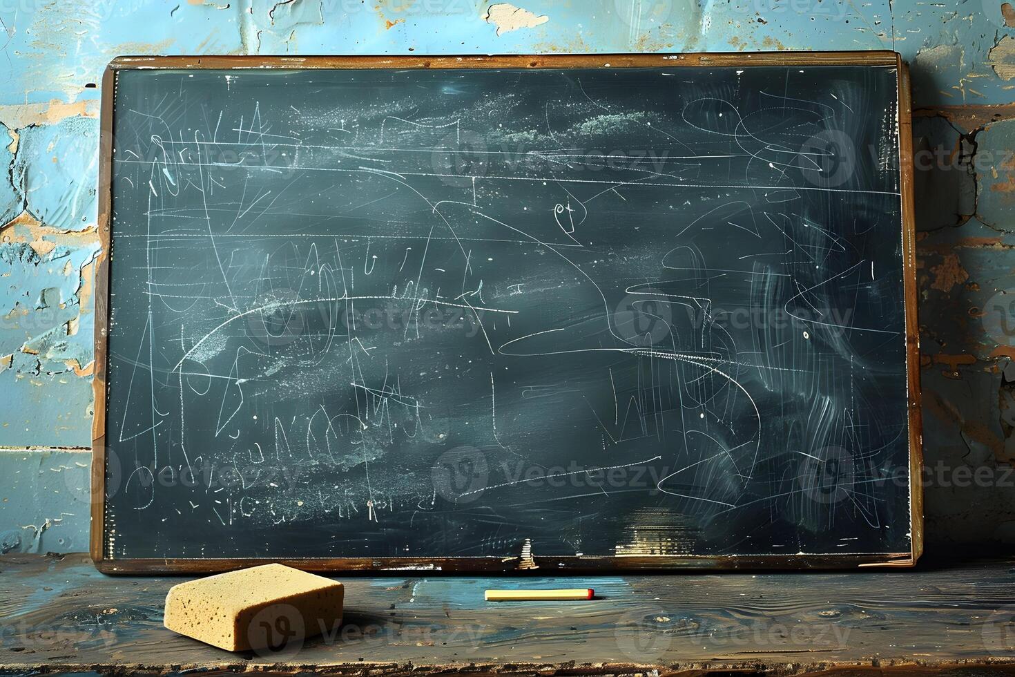 A chalk board with a chalk and a sponge on it photo