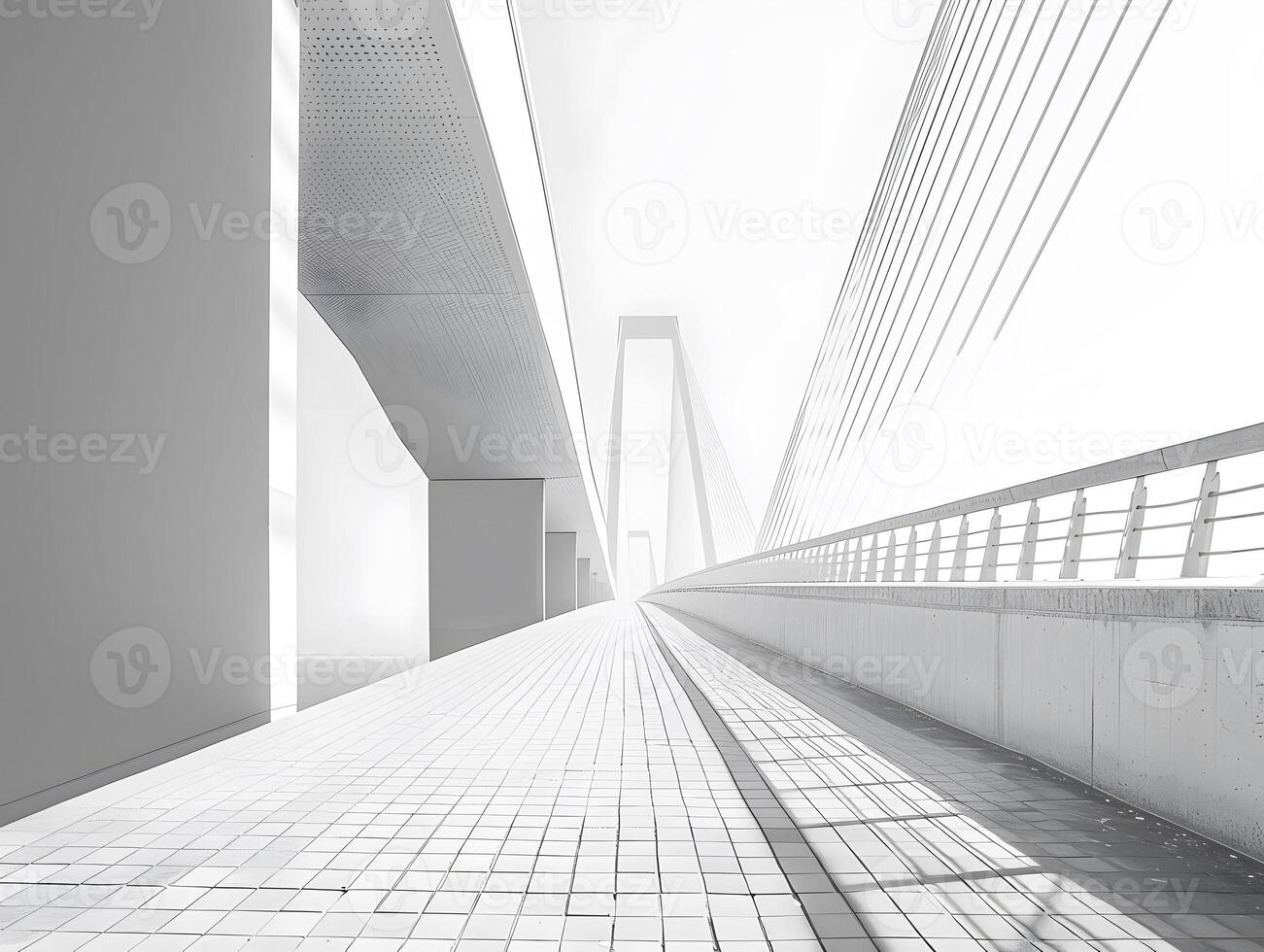 A long walkway leading to a distant bridge photo