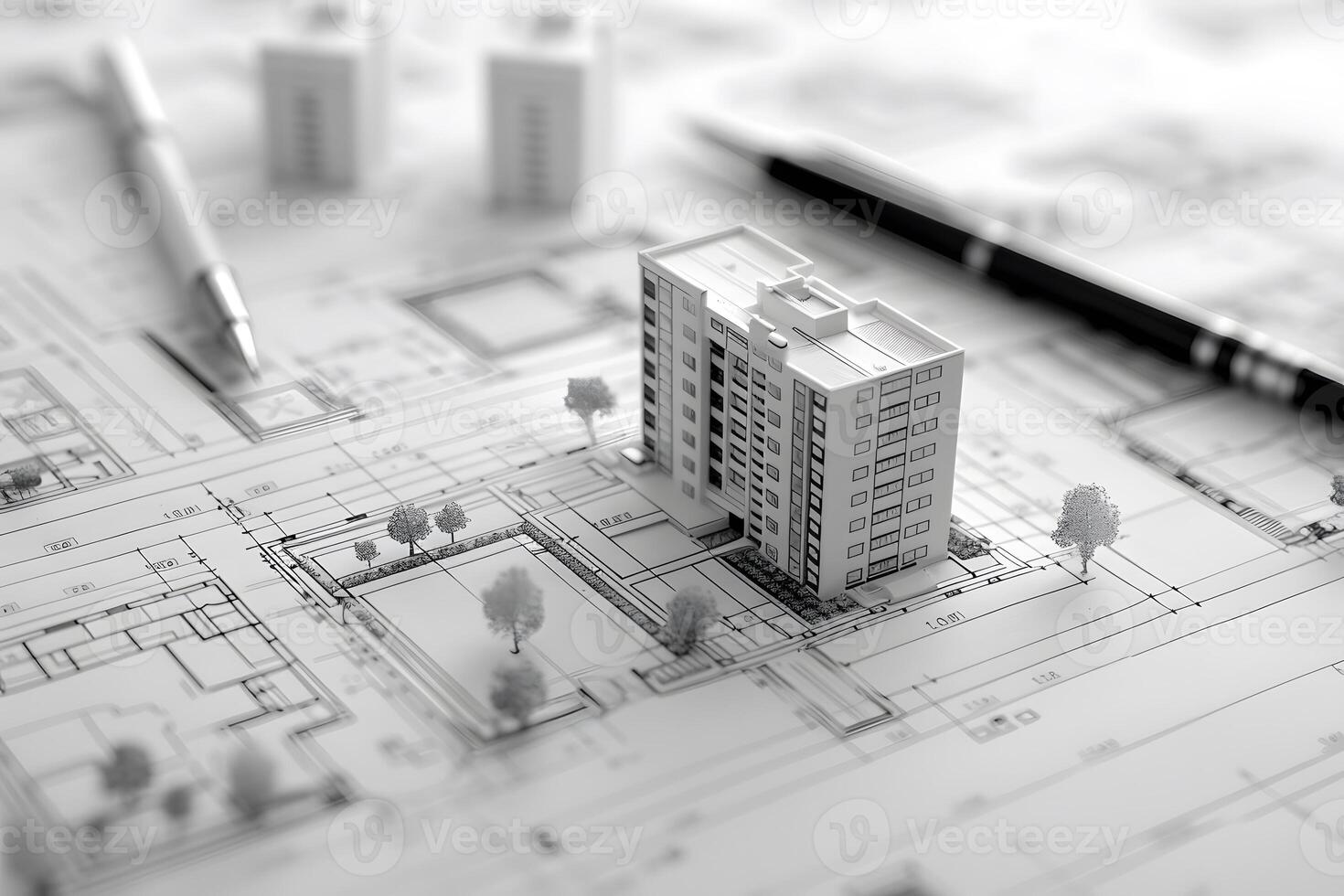 Close up of building model on blueprint photo