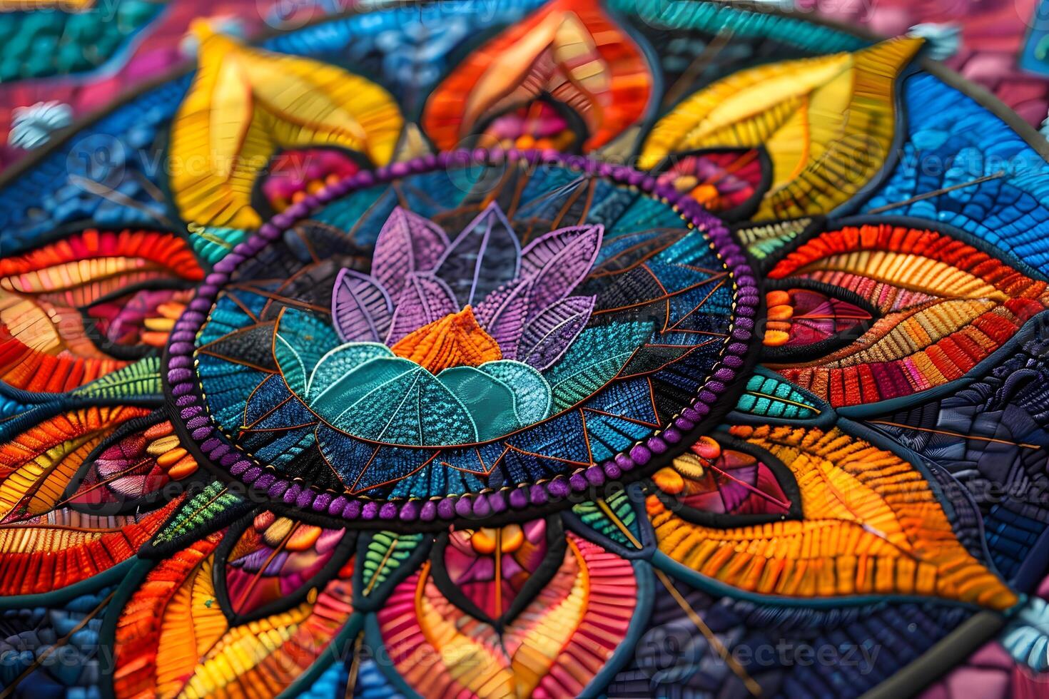 A colorful, intricate art piece featuring a vibrant flower photo