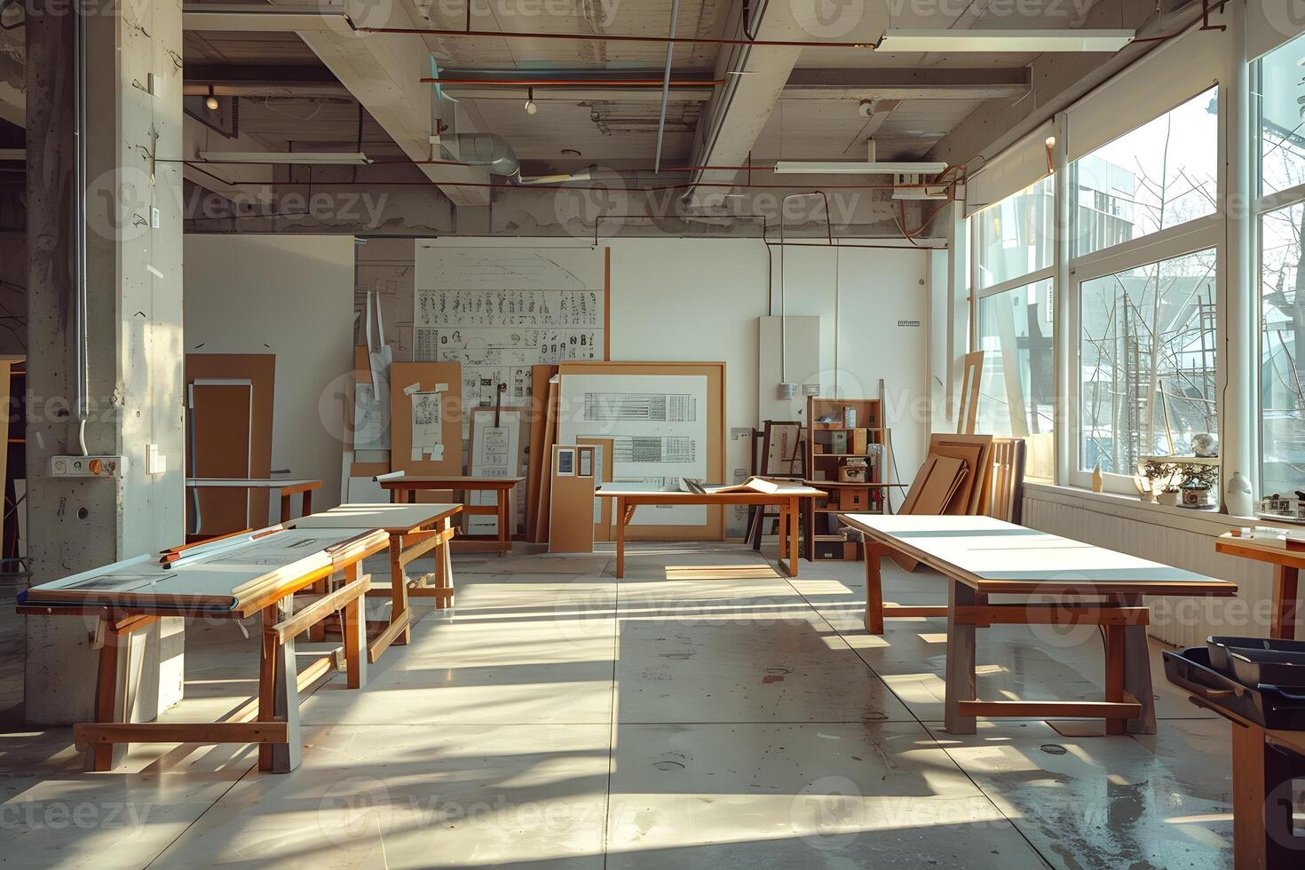 Room filled with tables, chairs, and natural light through windows photo