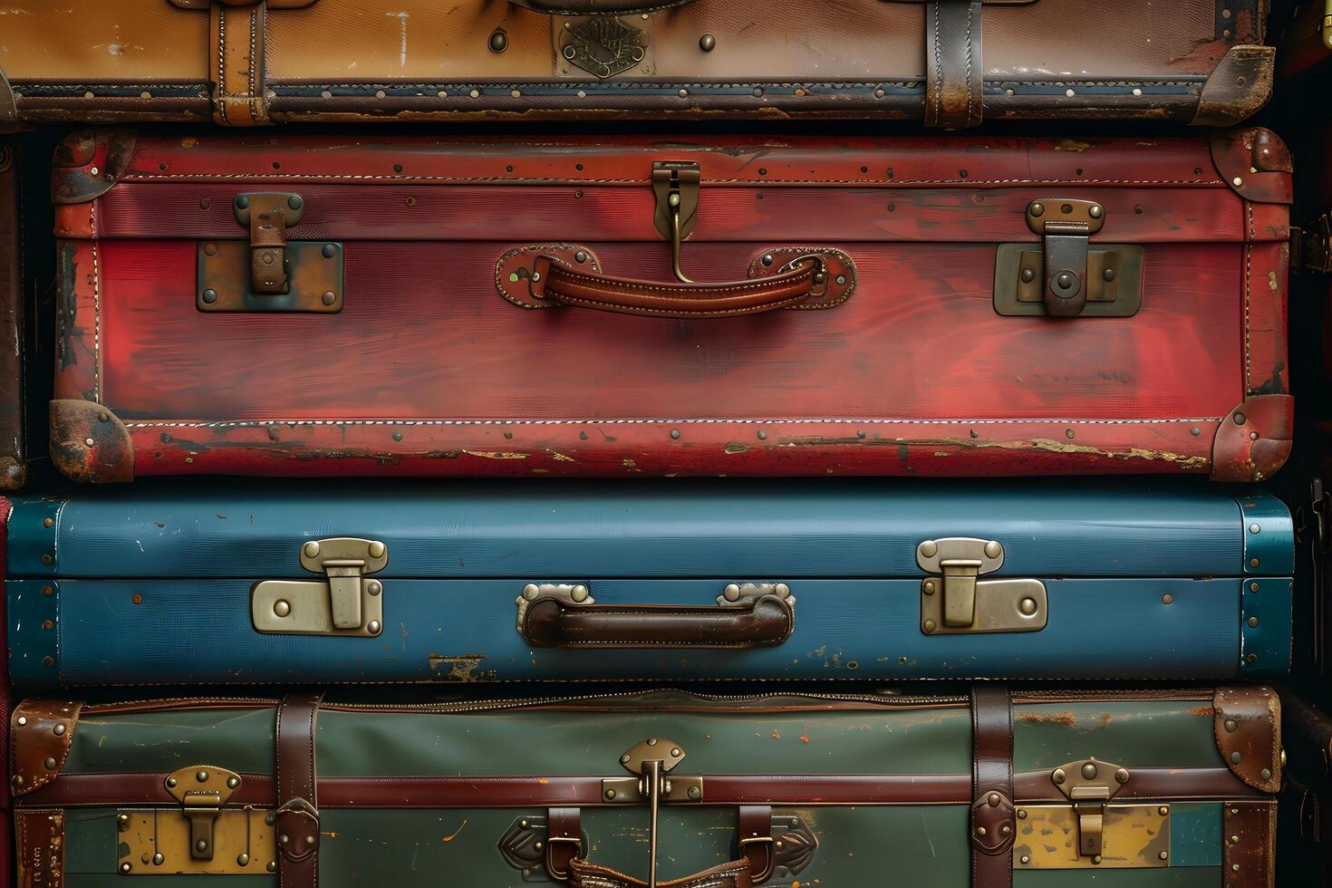 Close up of stack of four suitcases, one open photo
