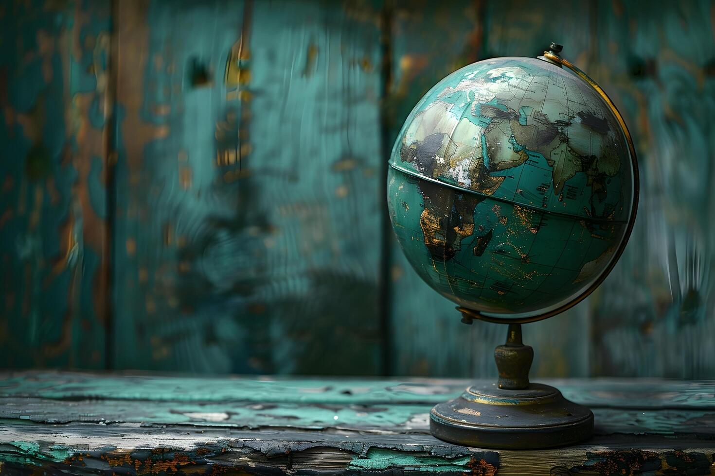 Small globe on wooden table with green background photo