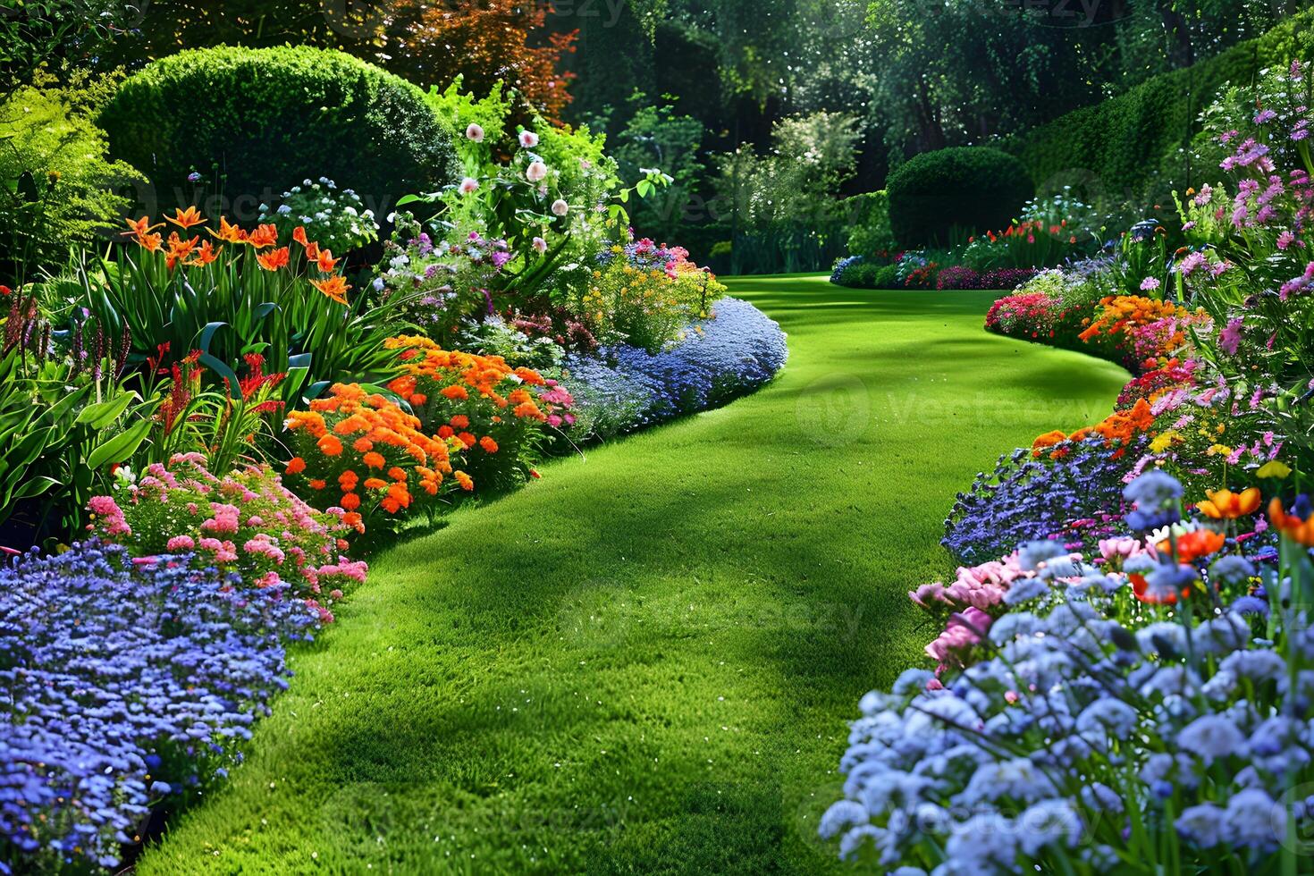 A green lawn filled with various flowers and shrubs photo