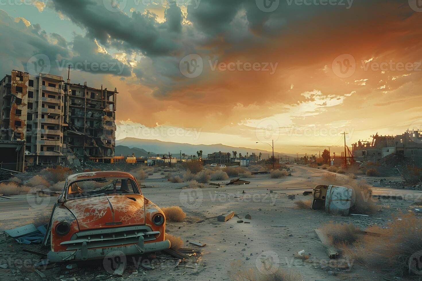 Abandoned vehicle near a dilapidated structure photo